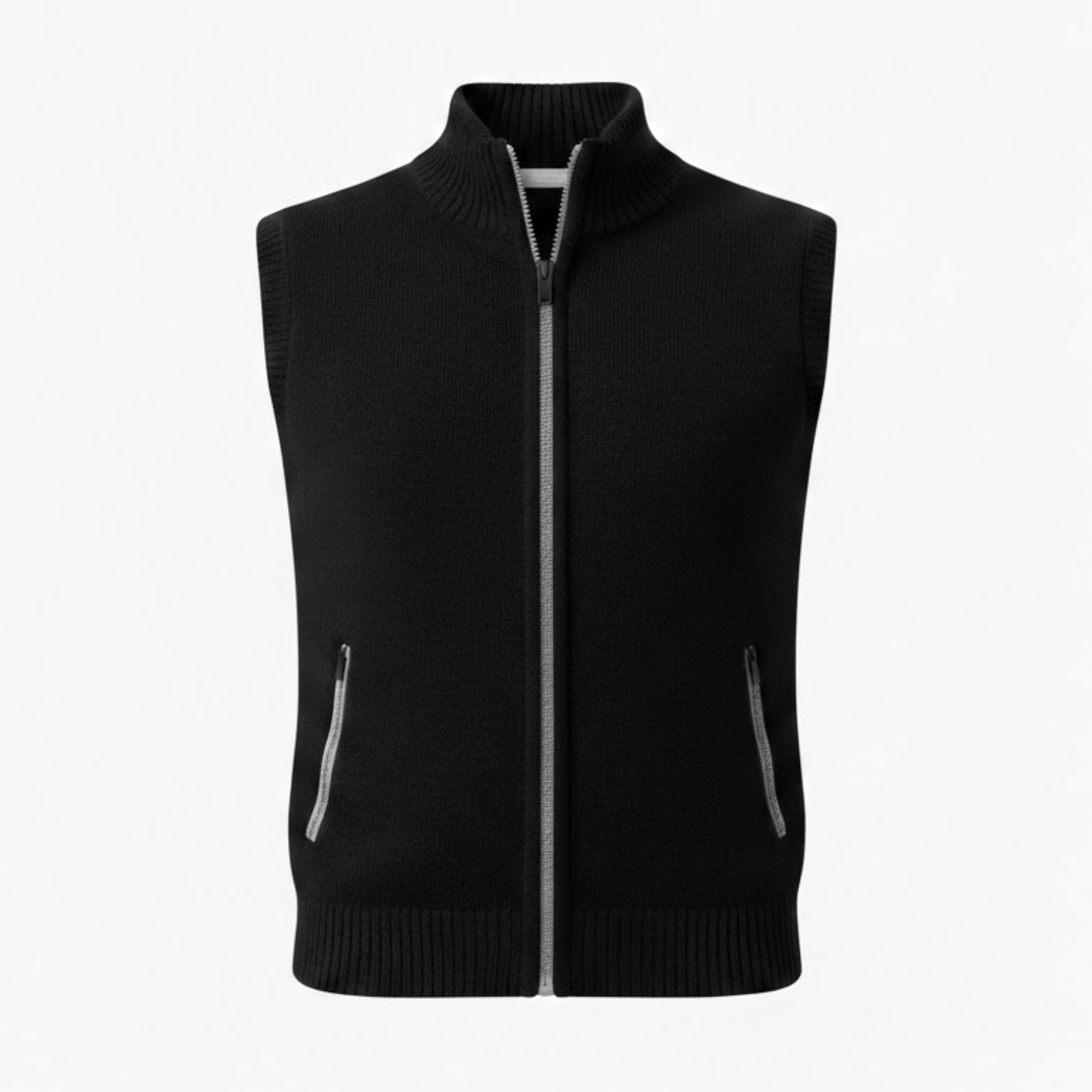 Sleeveless knitted vest with zipper and stand-up collar