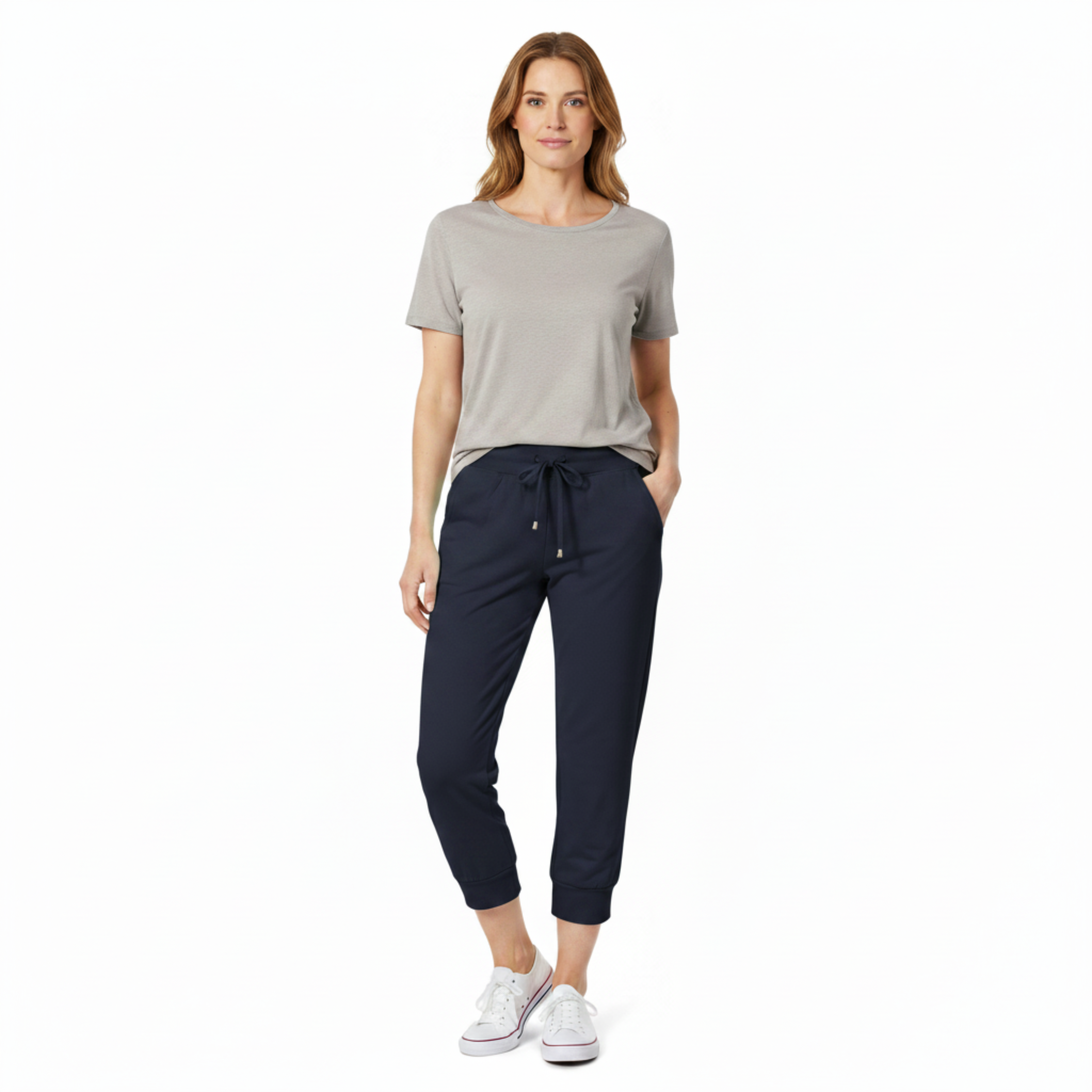 Pantalón capri en textil ligero con cintura elástica y cordón ajustable