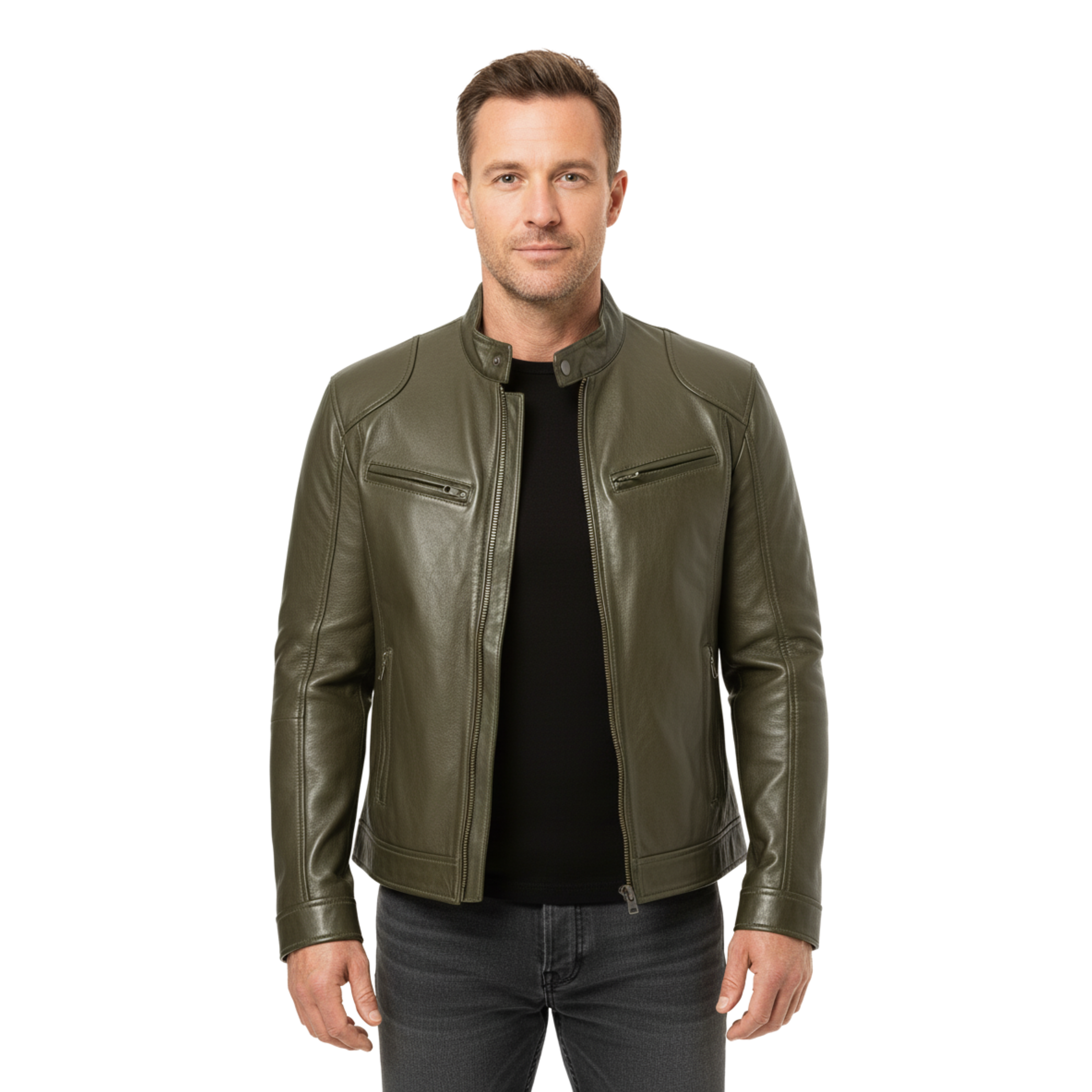 Herre lædervest med officerkrave og lynlåslommer, tætsiddende pasform