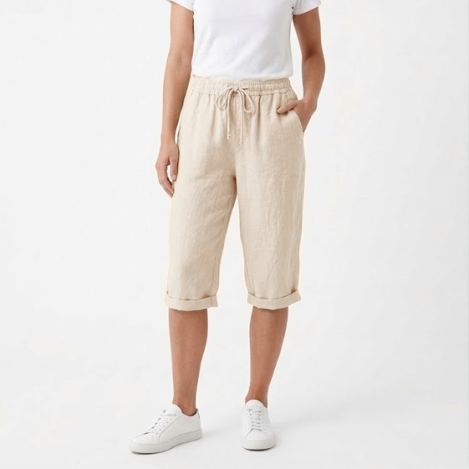 Short de algodón y lino con cintura elástica y bolsillos para mujer