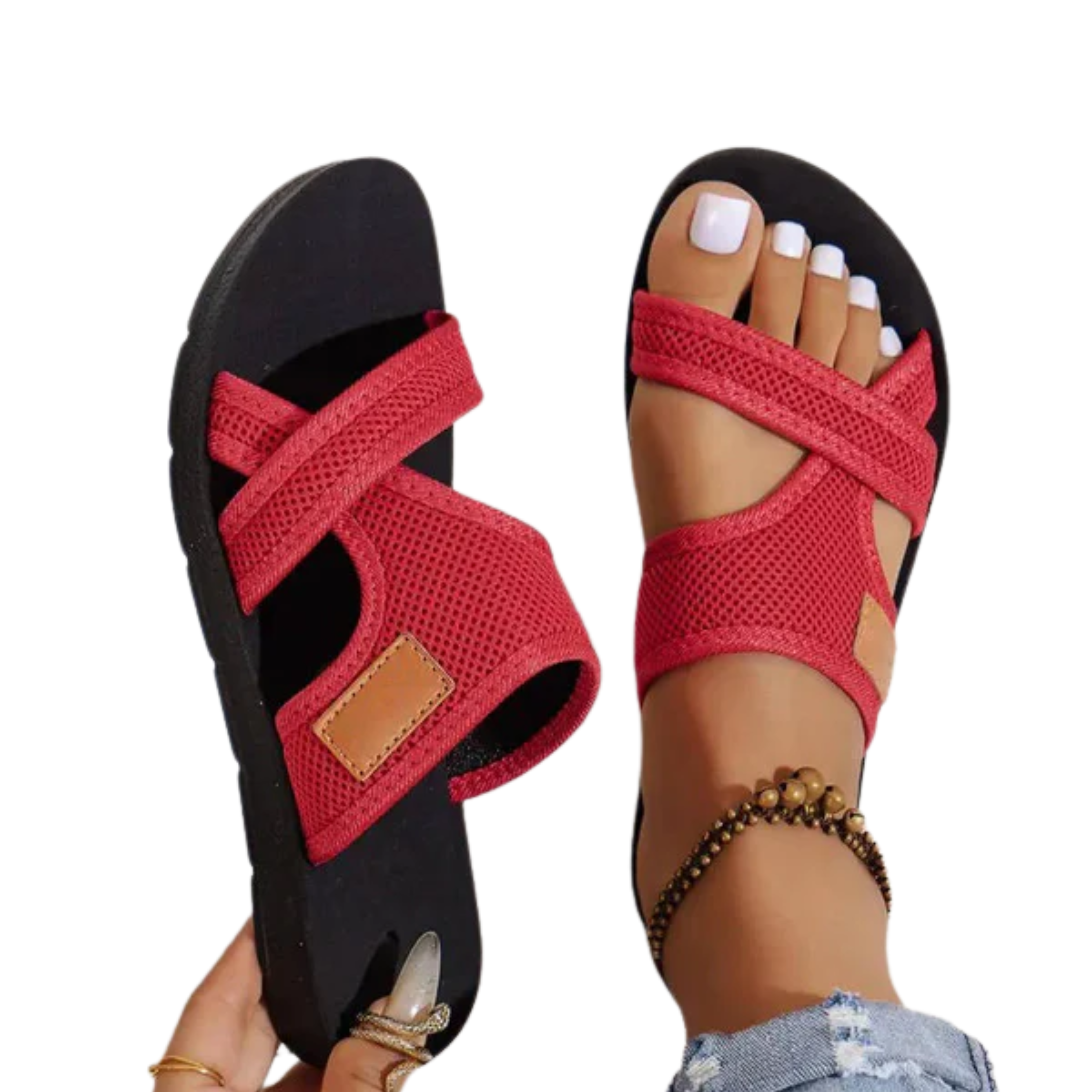Slip-on women's sandals — breathable mesh — flat heel — beach and everyday use