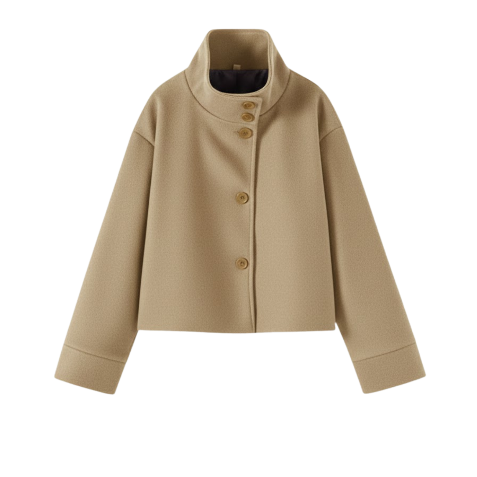 Women's winter coat in wool with a stand-up collar, single-breasted, loose fit and long sleeves