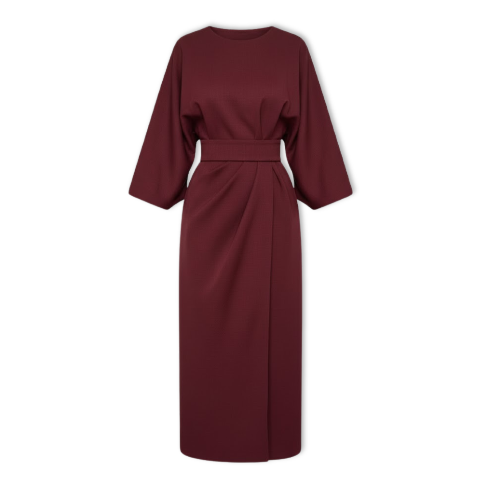 Long women's dress with batwing sleeves and a fitted waist, flowing silhouette
