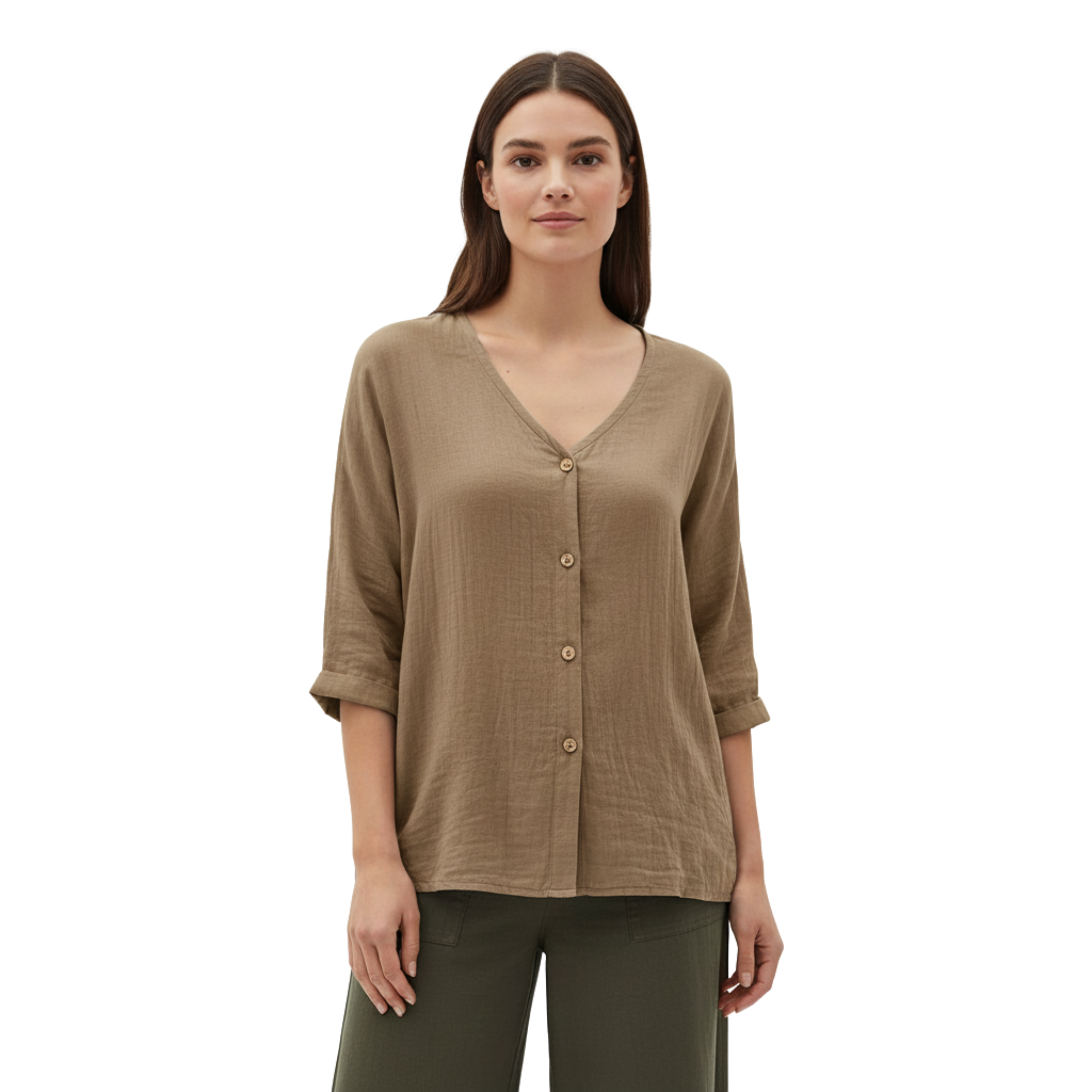Blusa da donna con scollo a V, bottoni e maniche 3/4 in lino e cotone