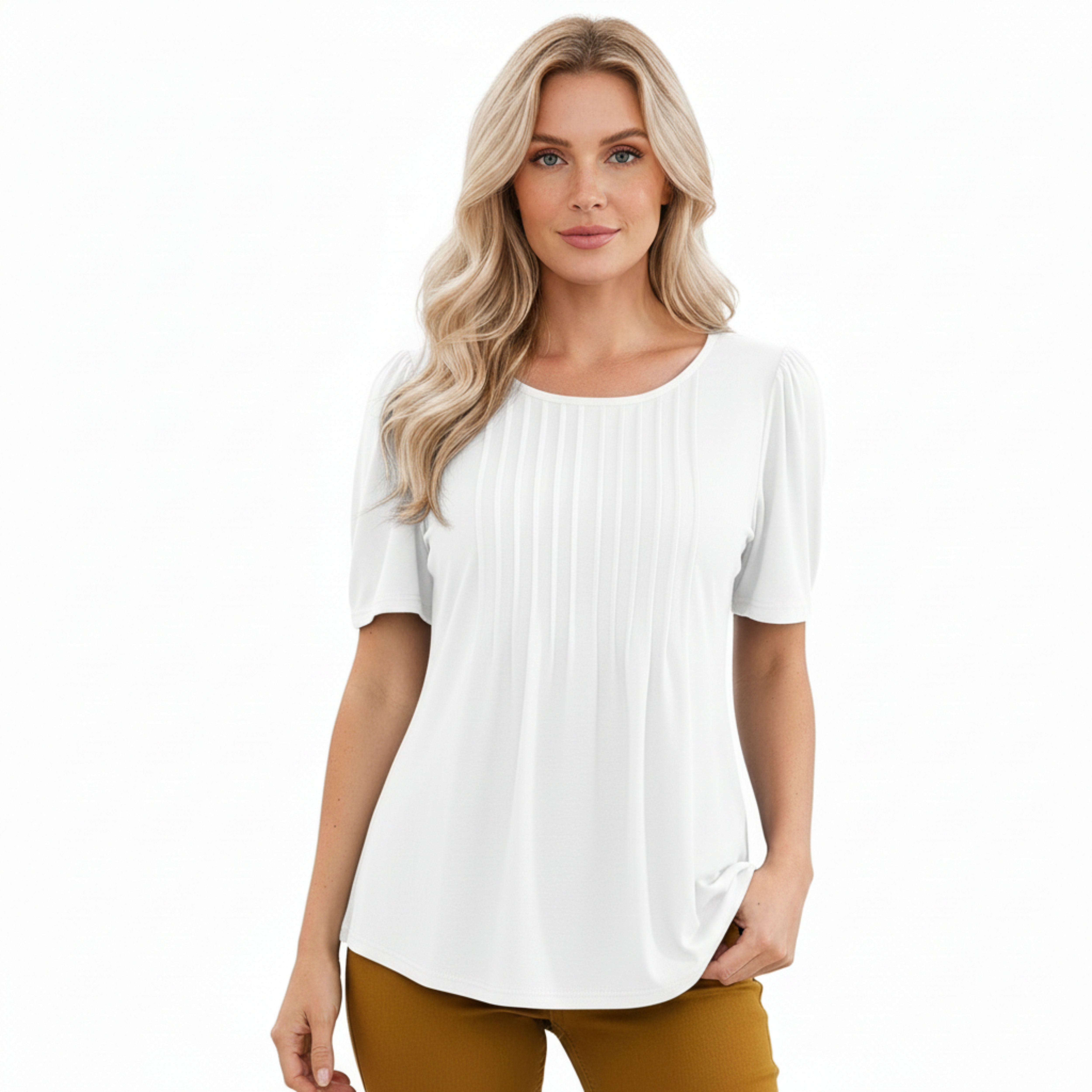Camiseta de manga corta para mujer con cuello redondo acampanado y detalles plisados