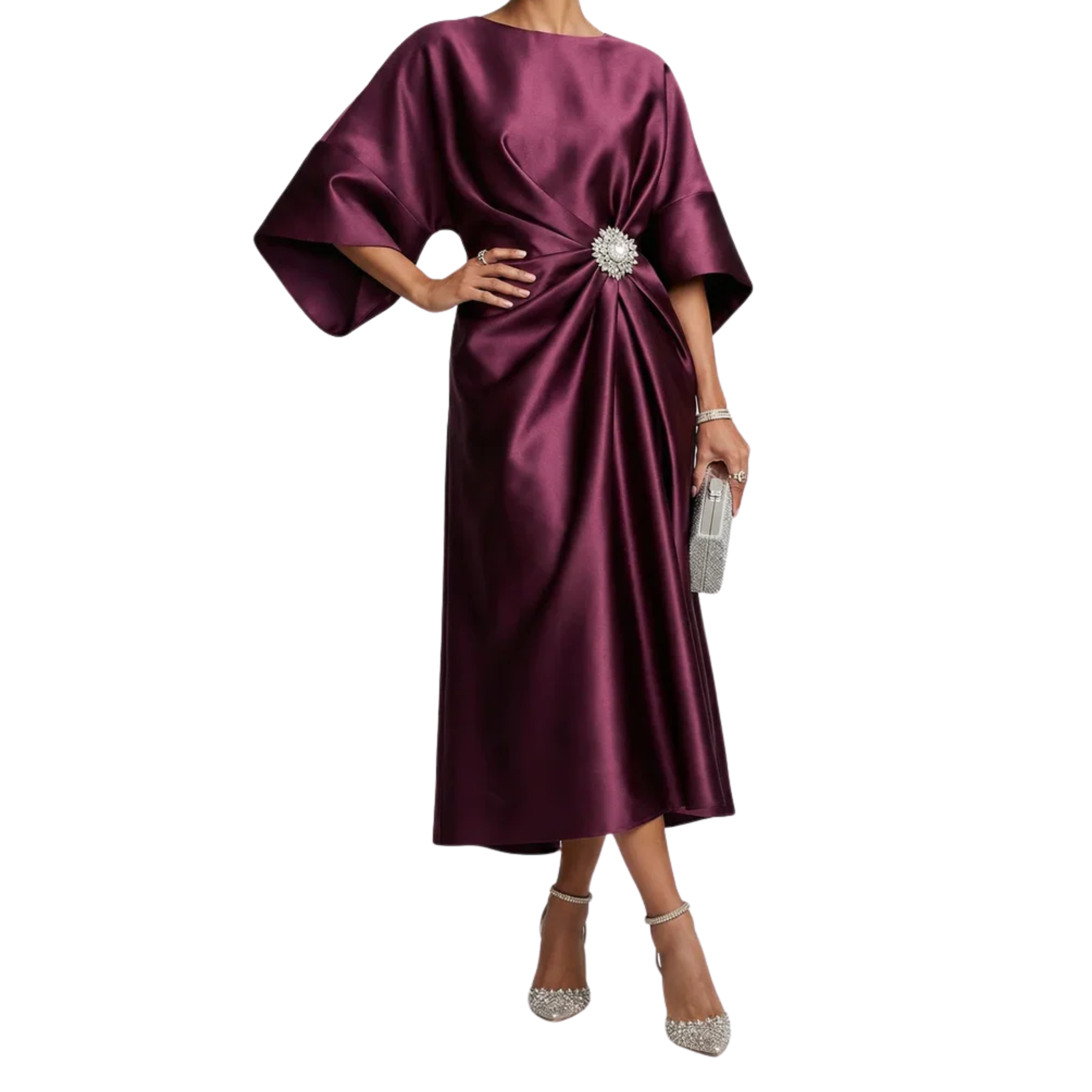 Vestido de Noche Midi Satinado para Invitada de Boda con Mangas Murciélago