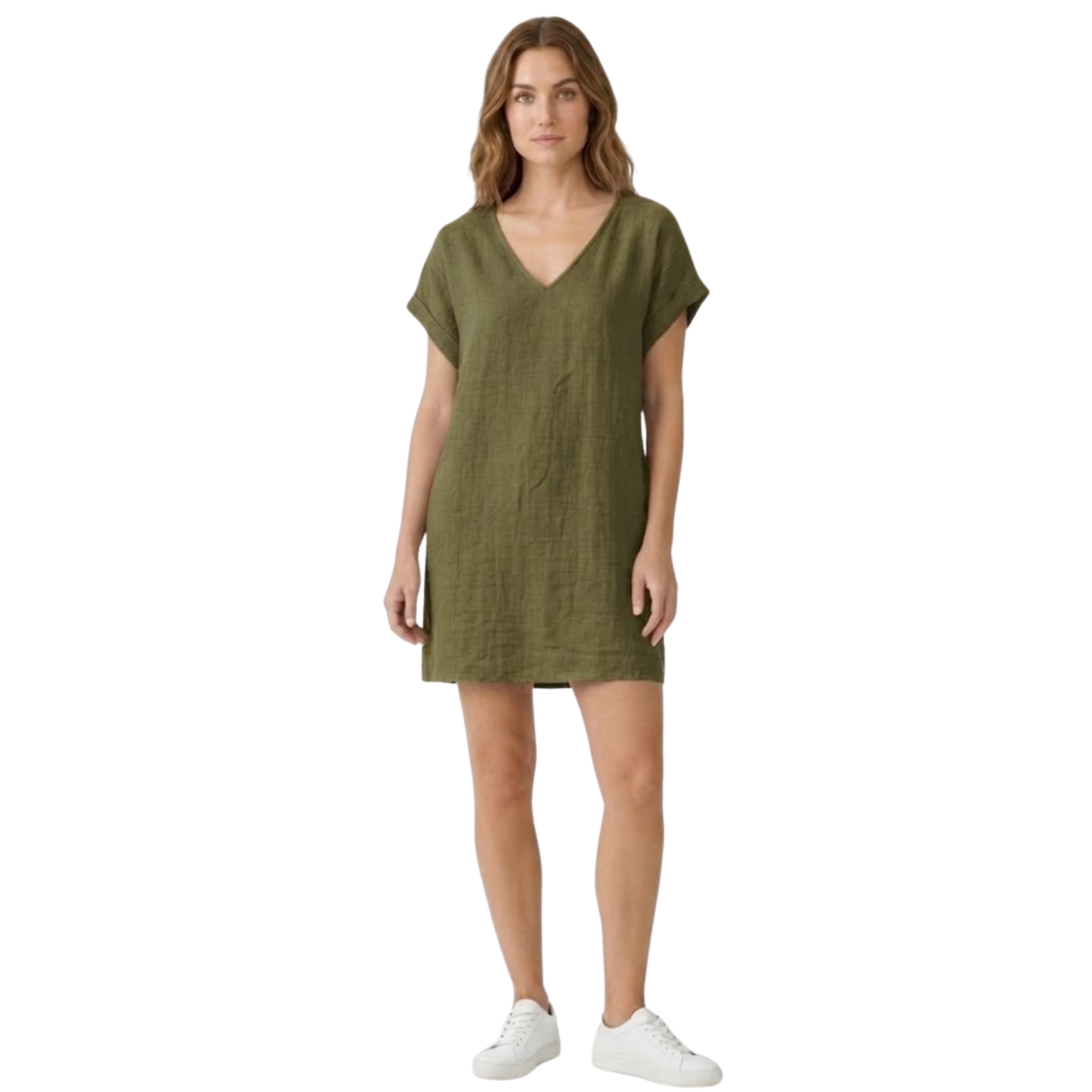 Rövid lenruha V-nyakú és felhajtott rövid ujjakkal