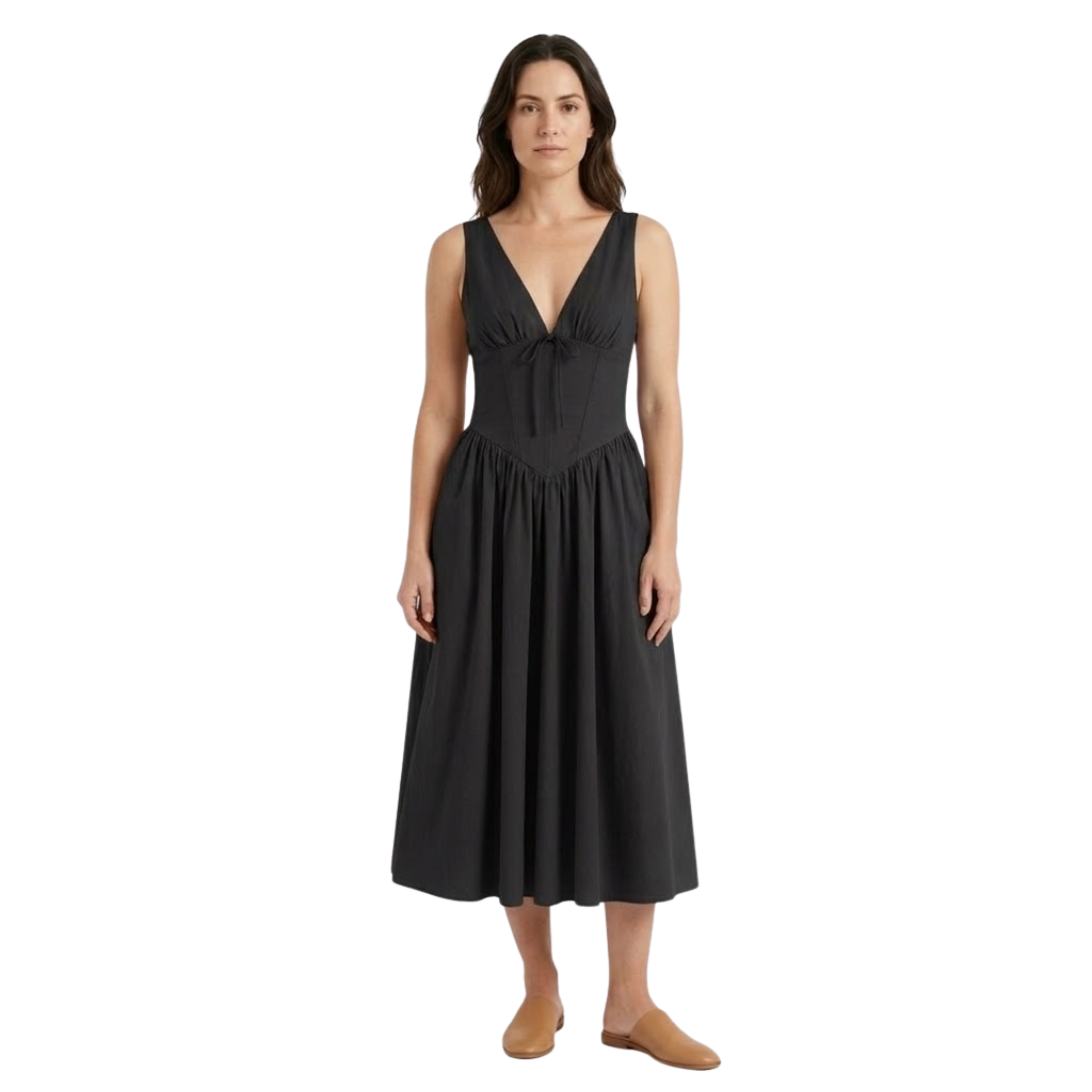 Robe midi evasê com decote em V e cintura marcada