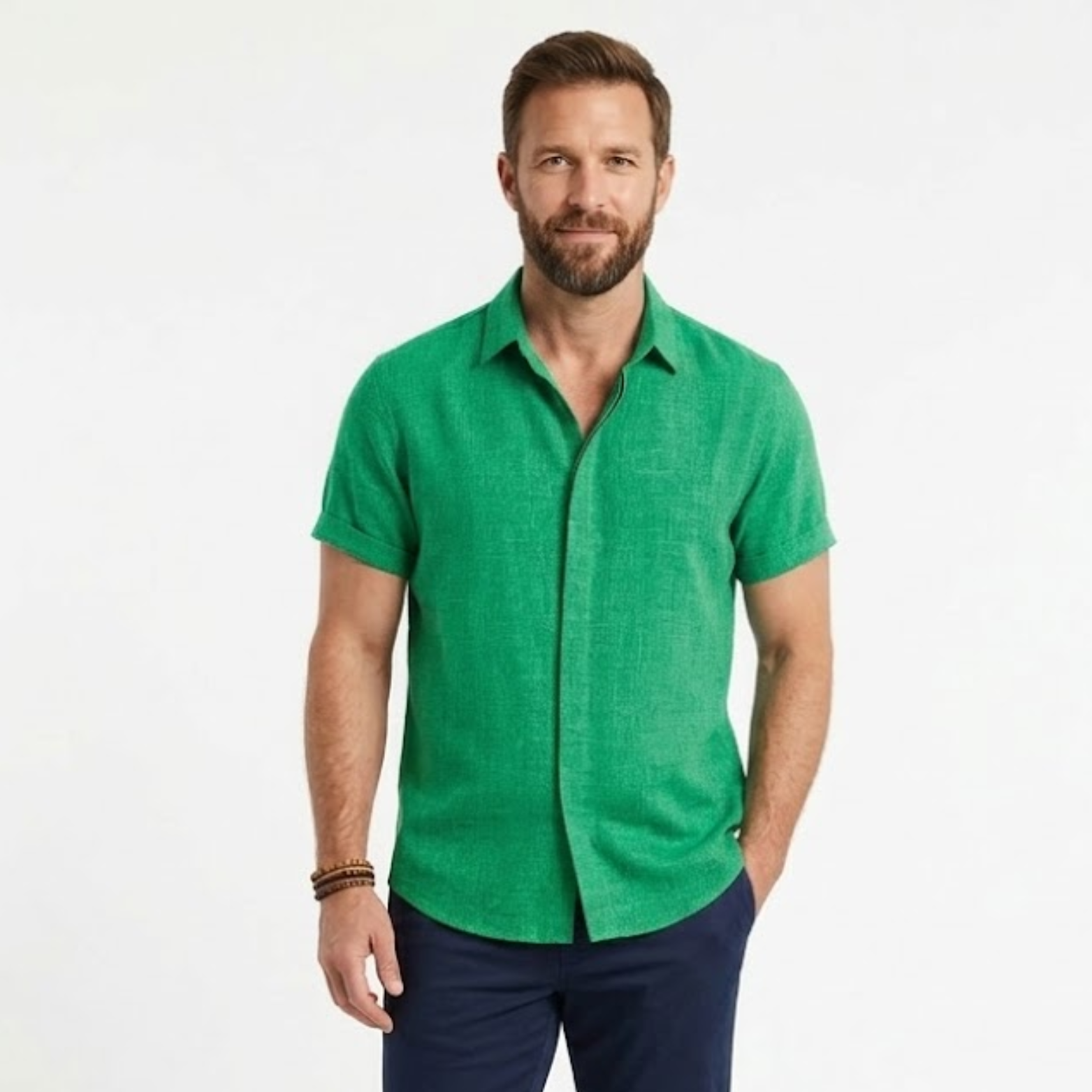 Chemise en Coton et Lin à Manches Courtes avec Col Rabattu pour Homme