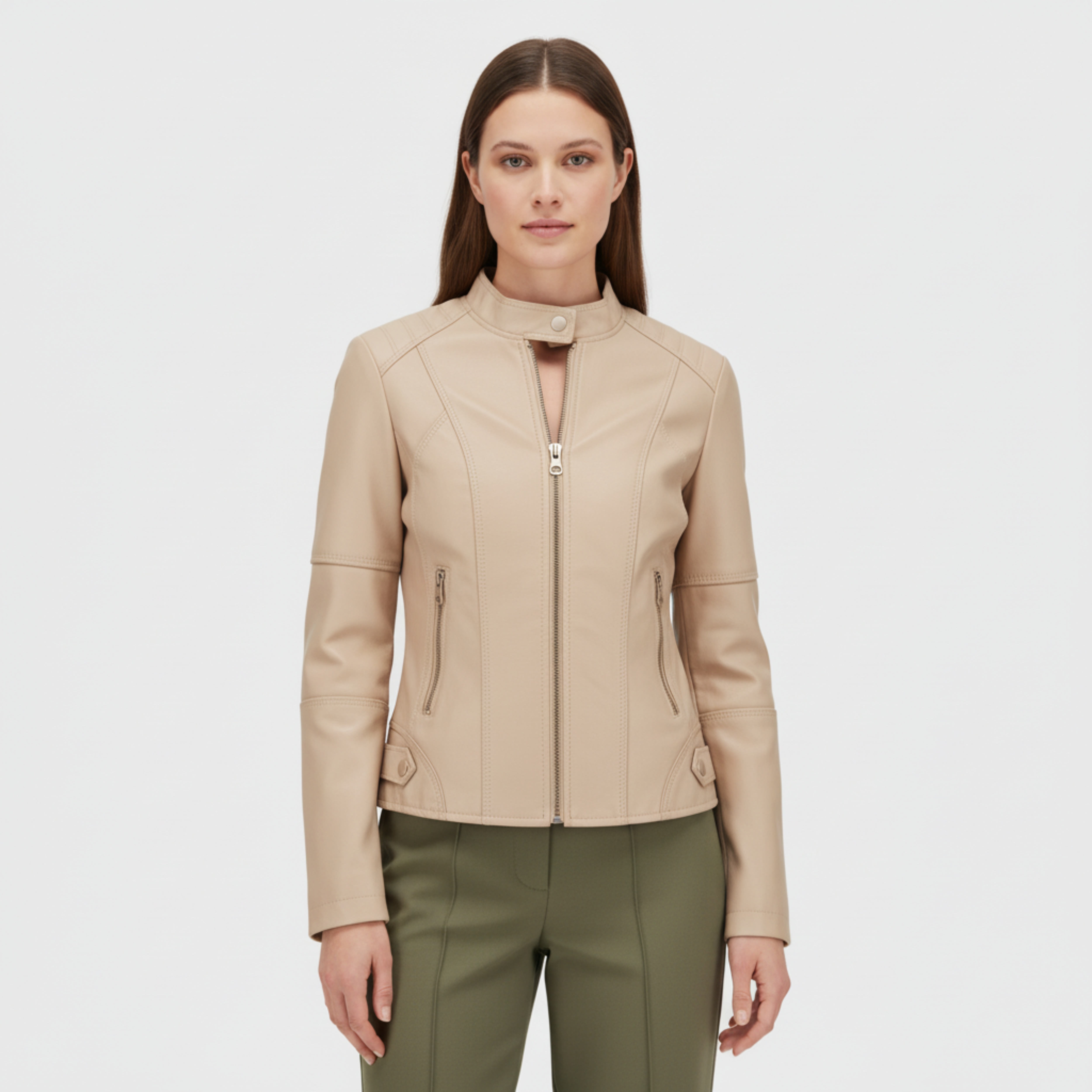 Women's Leather Jacket with Officer Collar and Zipper, Fitted Cut