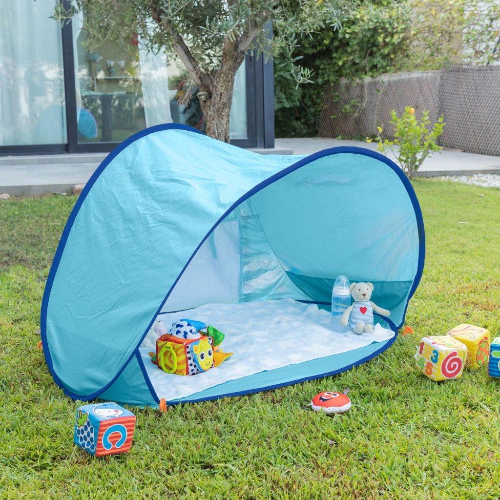 Tienda de playa para bebé con piscina integrada y protección solar UPF 50+