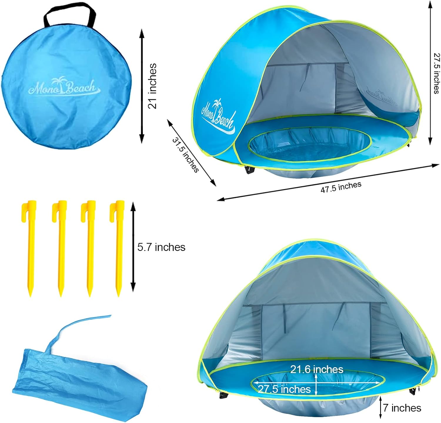 Tienda de playa para bebé con piscina integrada y protección solar UPF 50+