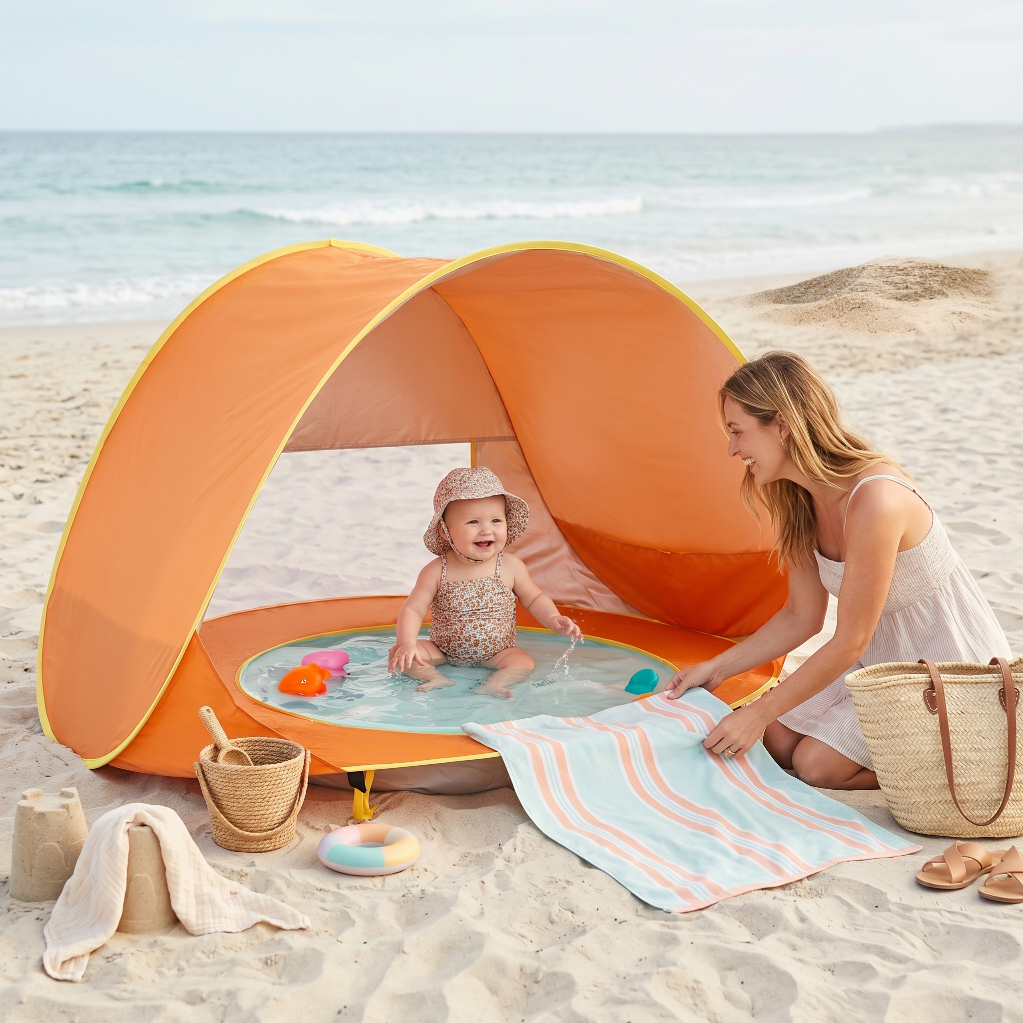 Tienda de playa para bebé con piscina integrada y protección solar UPF 50+