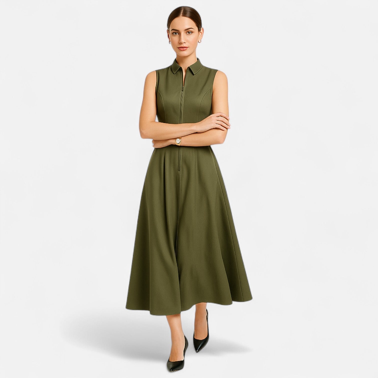 Ancienne Monde | Robe Midi Plissée Cintrée pour Femme – Élégance d’Été Sans Manches avec Fermeture Zippée