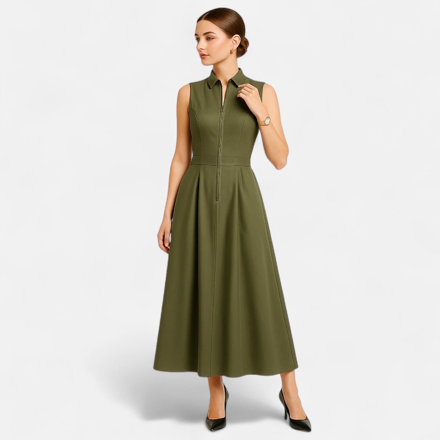 Ancienne Monde | Robe Midi Plissée Cintrée pour Femme – Élégance d’Été Sans Manches avec Fermeture Zippée