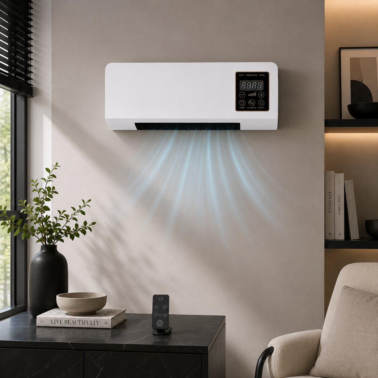 Aparato de calefacción y ventilación mural con control remoto y pantalla LED