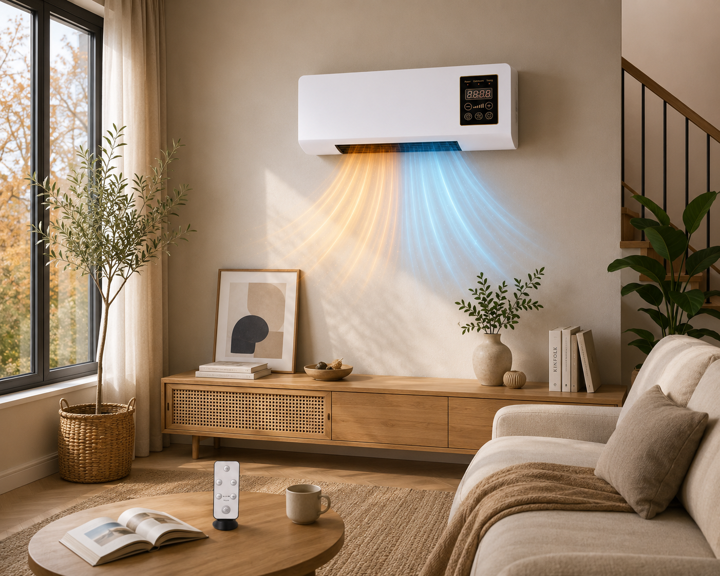 Aparato de calefacción y ventilación mural con control remoto y pantalla LED
