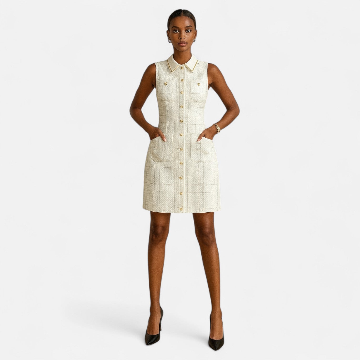 Ancienne Monde | Robe en Tweed Français avec Boutons Perles pour Femme – Grâce Intemporelle