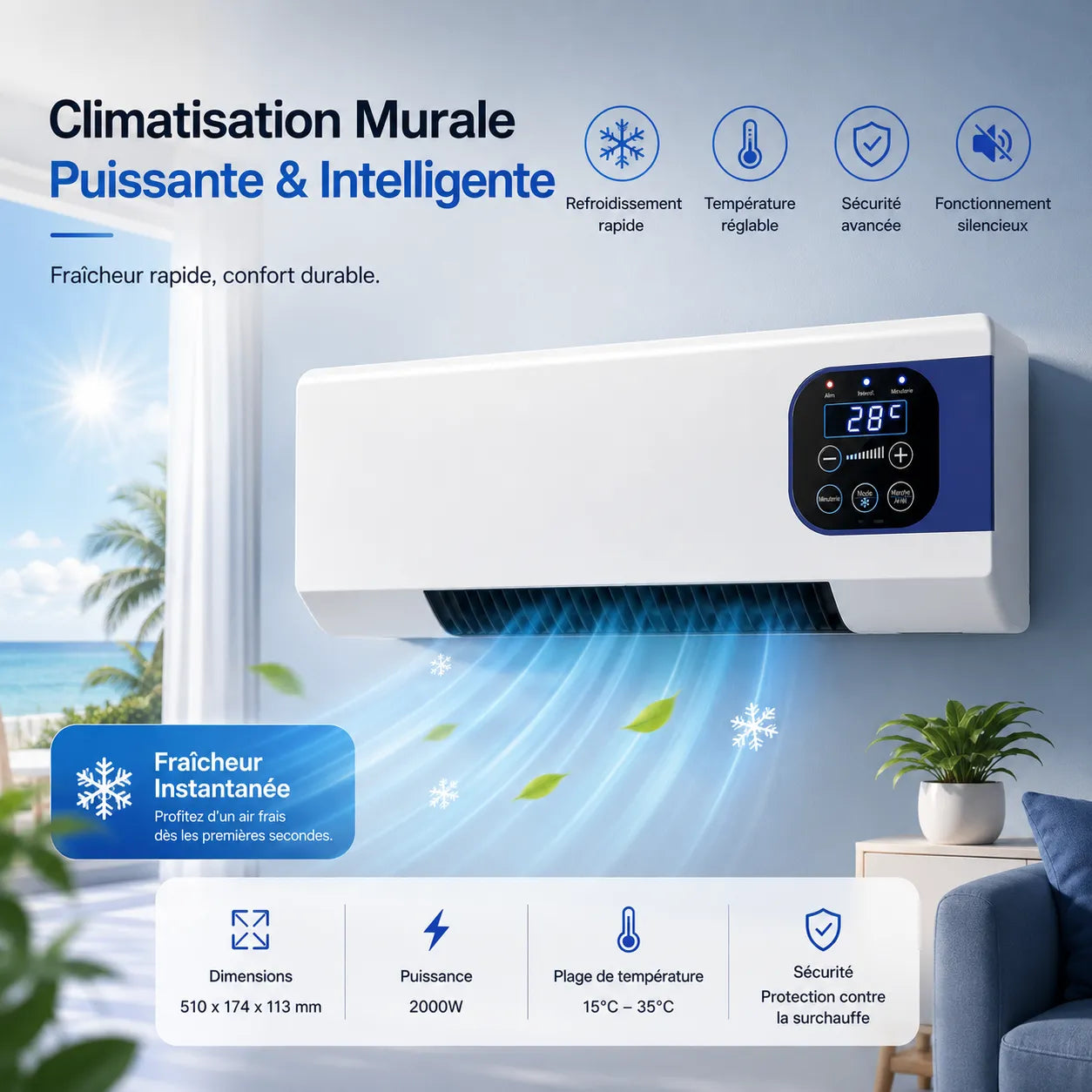 Aparato de calefacción y ventilación mural de 2000 W con control remoto y 3 velocidades
