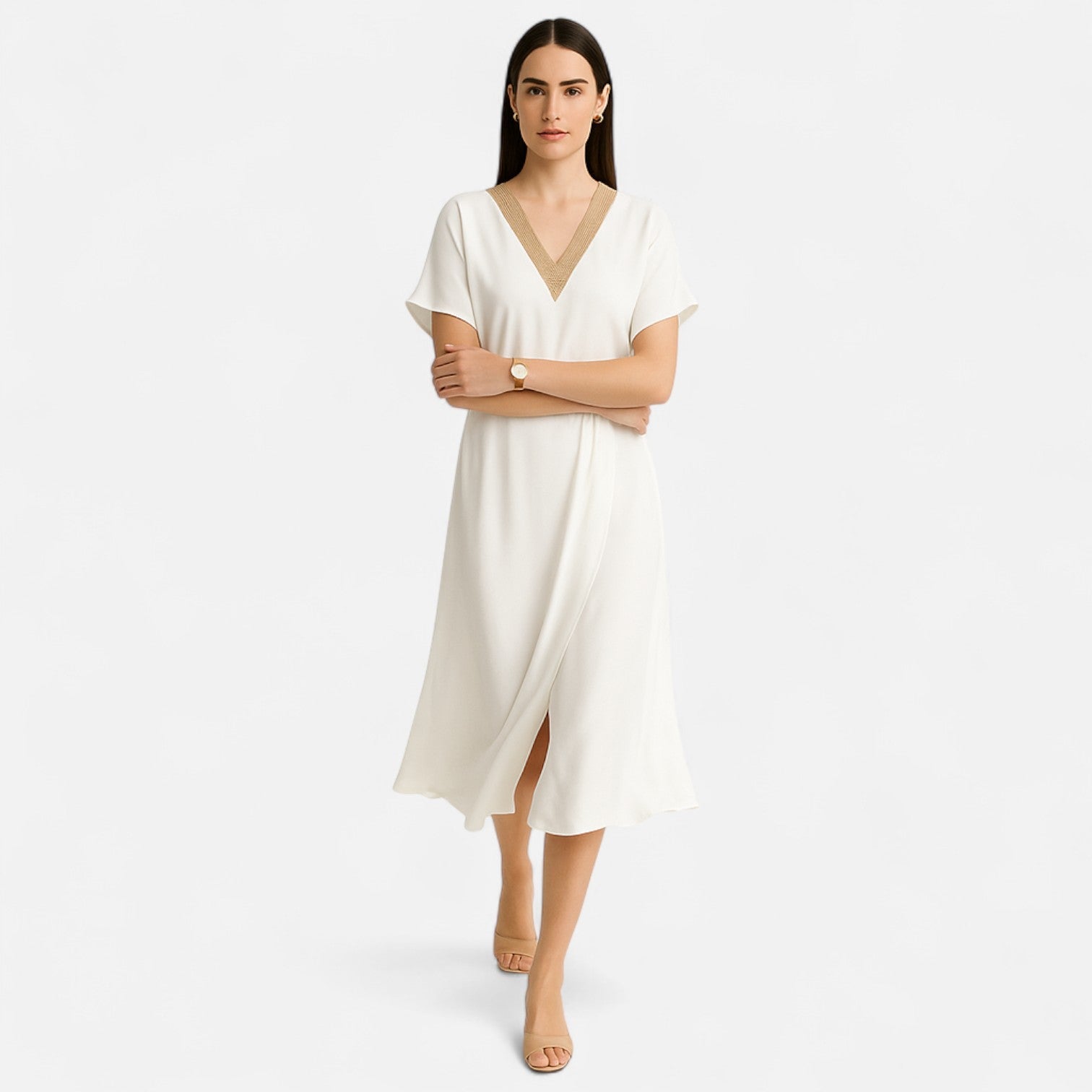 Ancienne Monde | Robe Blanche Midi à Col V pour Femme – Élégance Moderne pour les Occasions d’Été