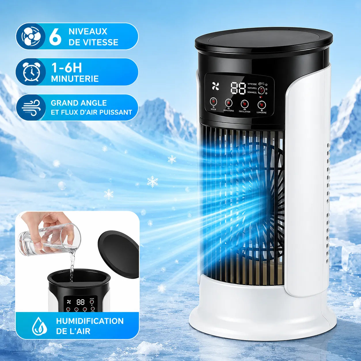Enfriador de aire portátil 3 en 1 con nebulización, LED y 6 velocidades