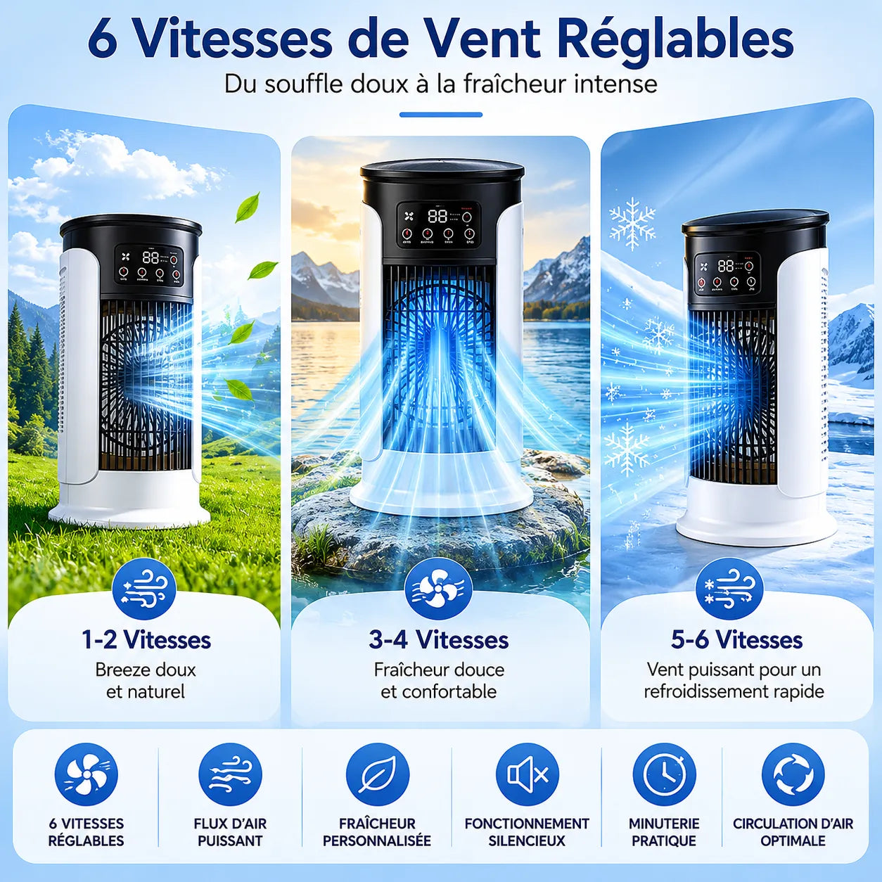 Enfriador de aire portátil 3 en 1 con nebulización, LED y 6 velocidades