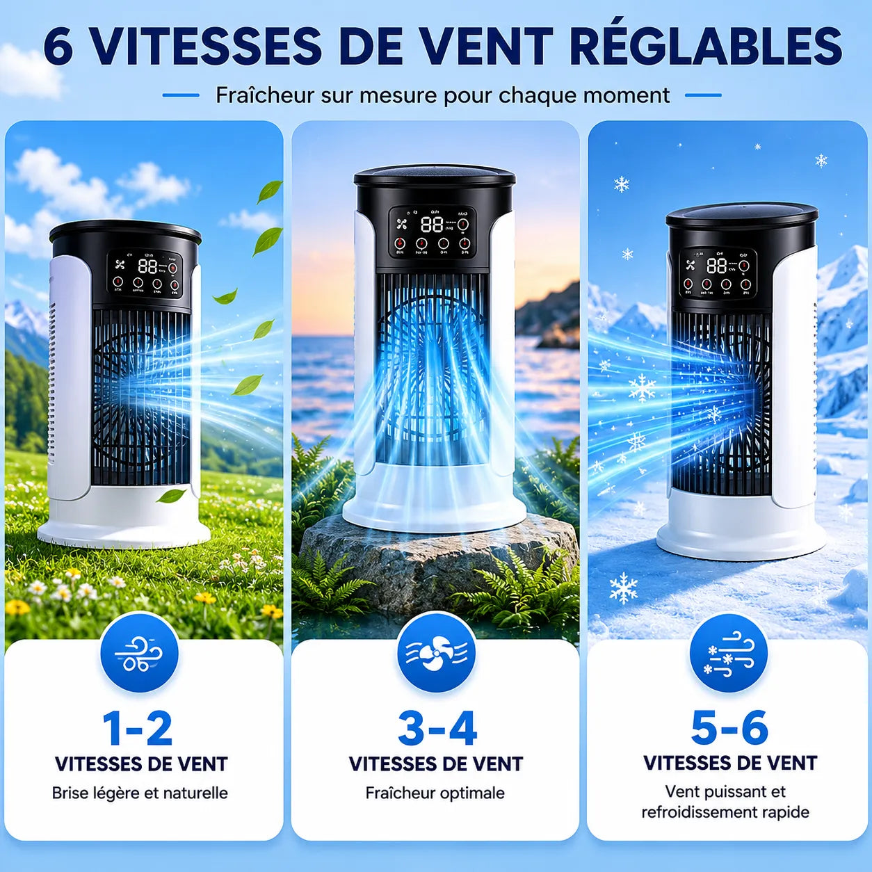 Enfriador de aire portátil 3 en 1 con nebulización, LED y 6 velocidades
