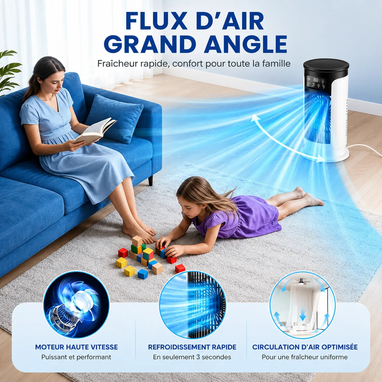 Enfriador de aire portátil 3 en 1 con nebulización, LED y 6 velocidades