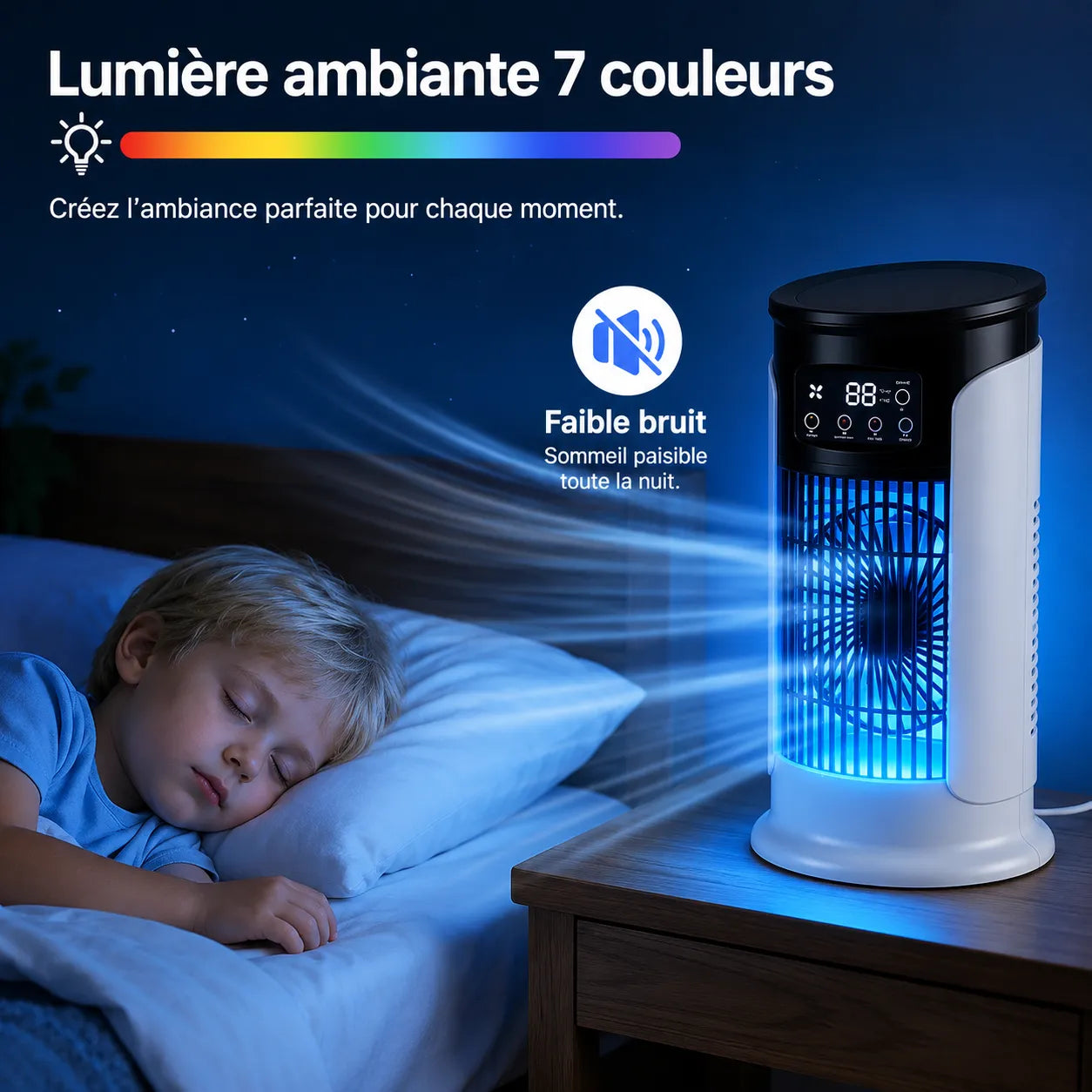 Enfriador de aire portátil 3 en 1 con nebulización, LED y 6 velocidades