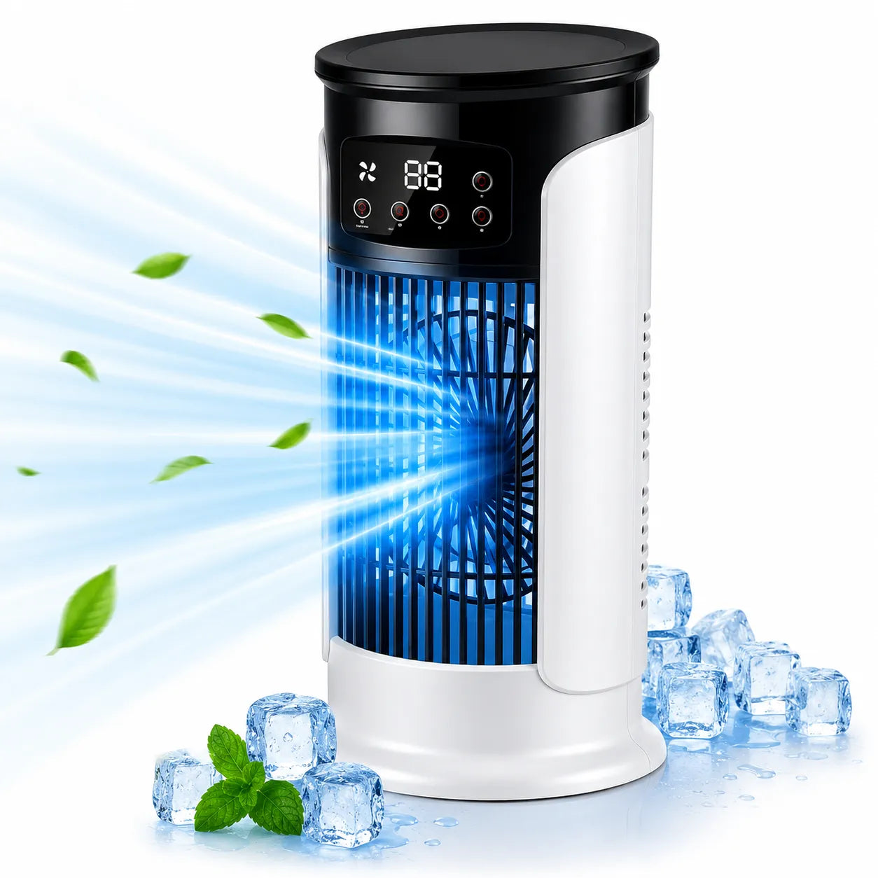 Enfriador de aire portátil 3 en 1 con nebulización, LED y 6 velocidades