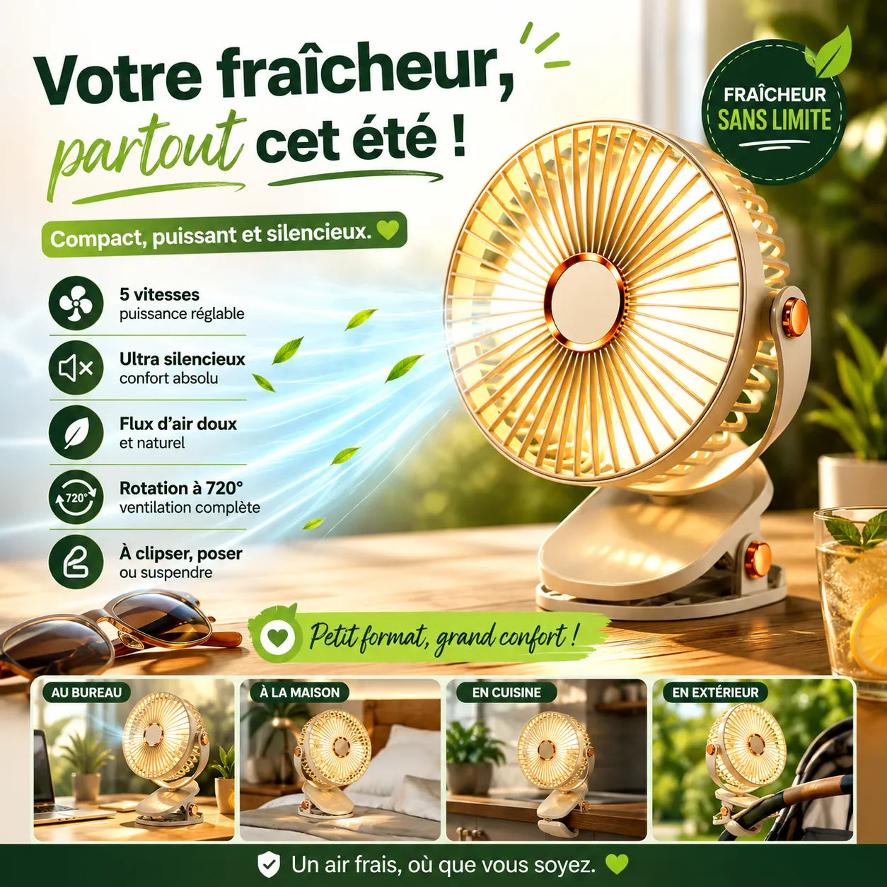 Ventilador portátil recargable con clip de 8000 mAh con LED y 5 velocidades