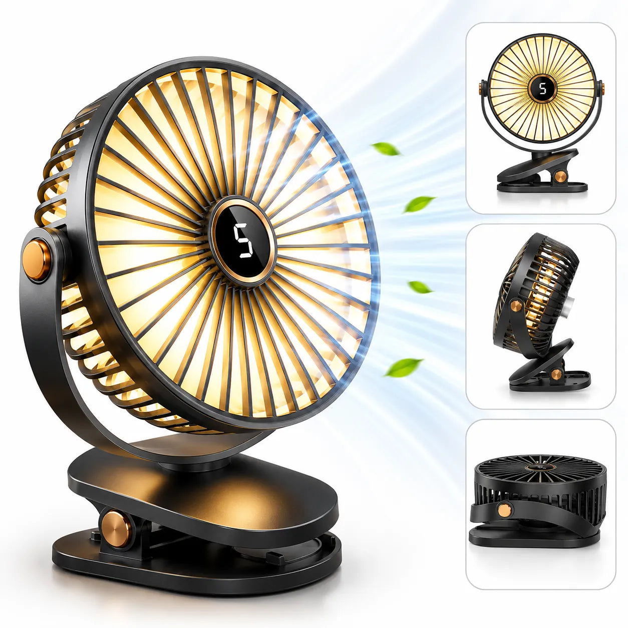 Ventilador portátil recargable con clip de 8000 mAh con LED y 5 velocidades
