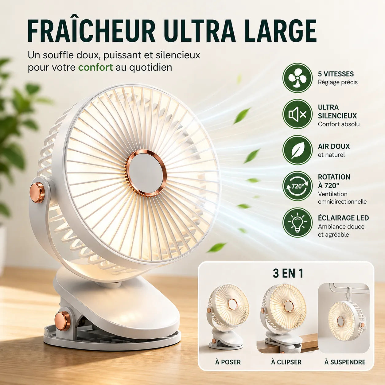 Ventilador portátil recargable con clip de 8000 mAh con LED y 5 velocidades