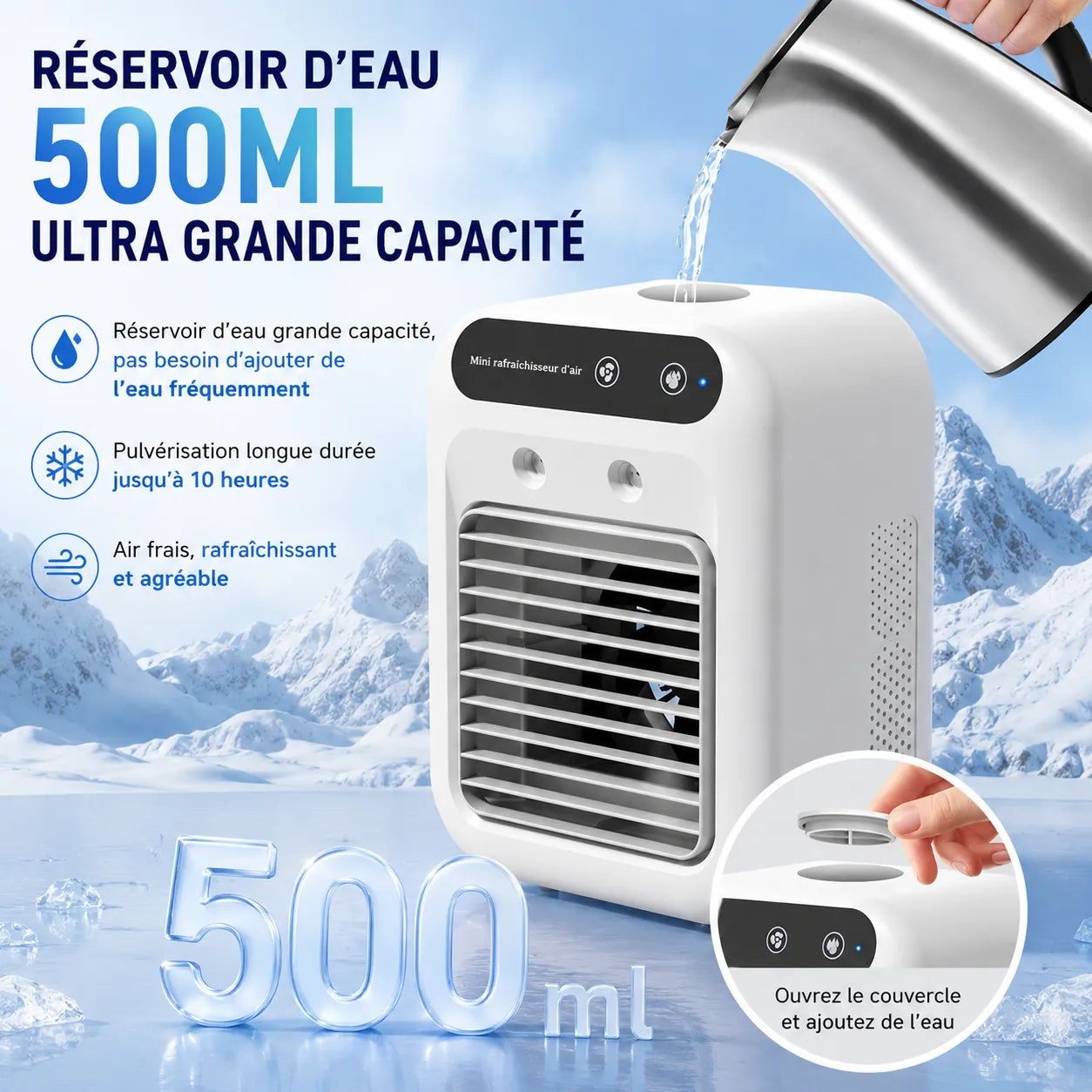 Enfriador de aire portátil recargable por USB con nebulización de 500 ml