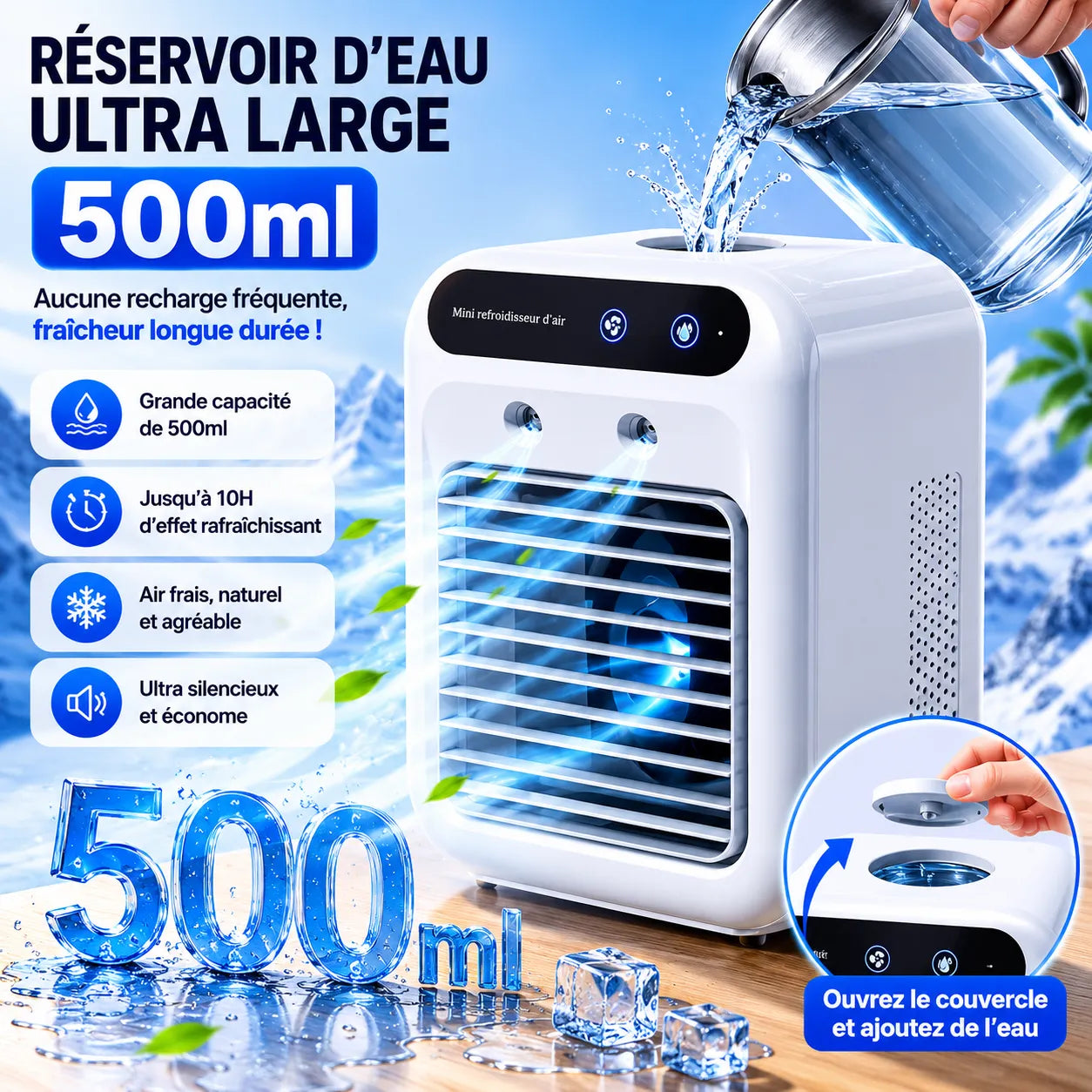 Enfriador de aire portátil recargable por USB con nebulización de 500 ml