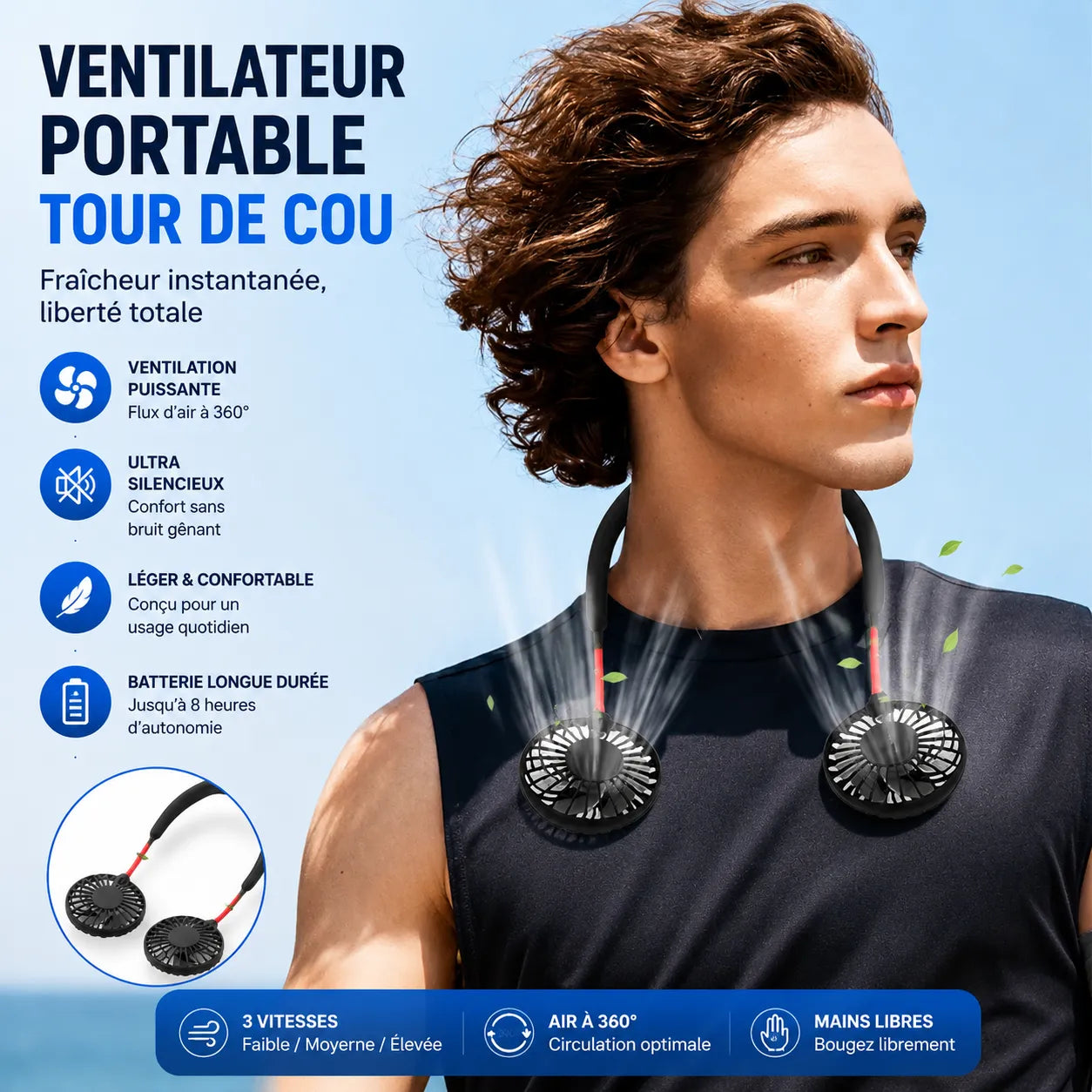 Ventilador de cuello recargable por USB con doble cabeza giratoria y 3 velocidades