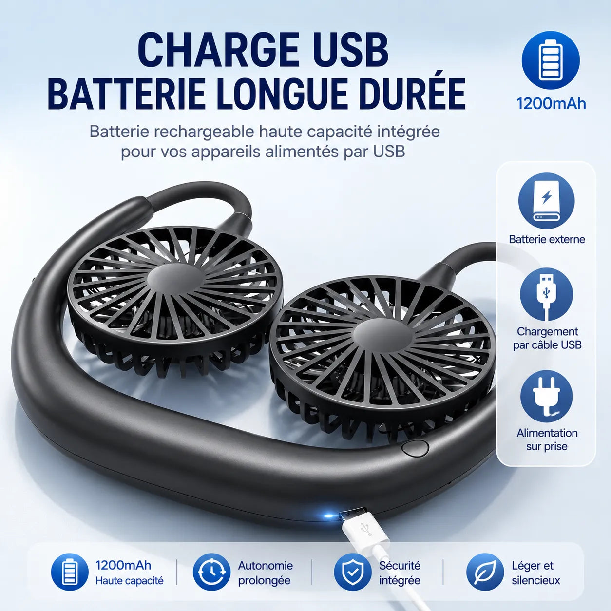 Ventilador de cuello recargable por USB con doble cabeza giratoria y 3 velocidades