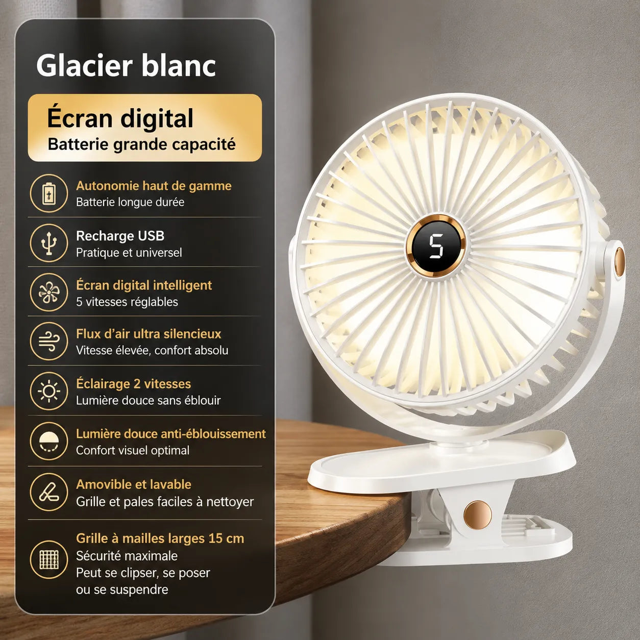 Ventilador portátil recargable con clip de 8000 mAh con LED y 5 velocidades