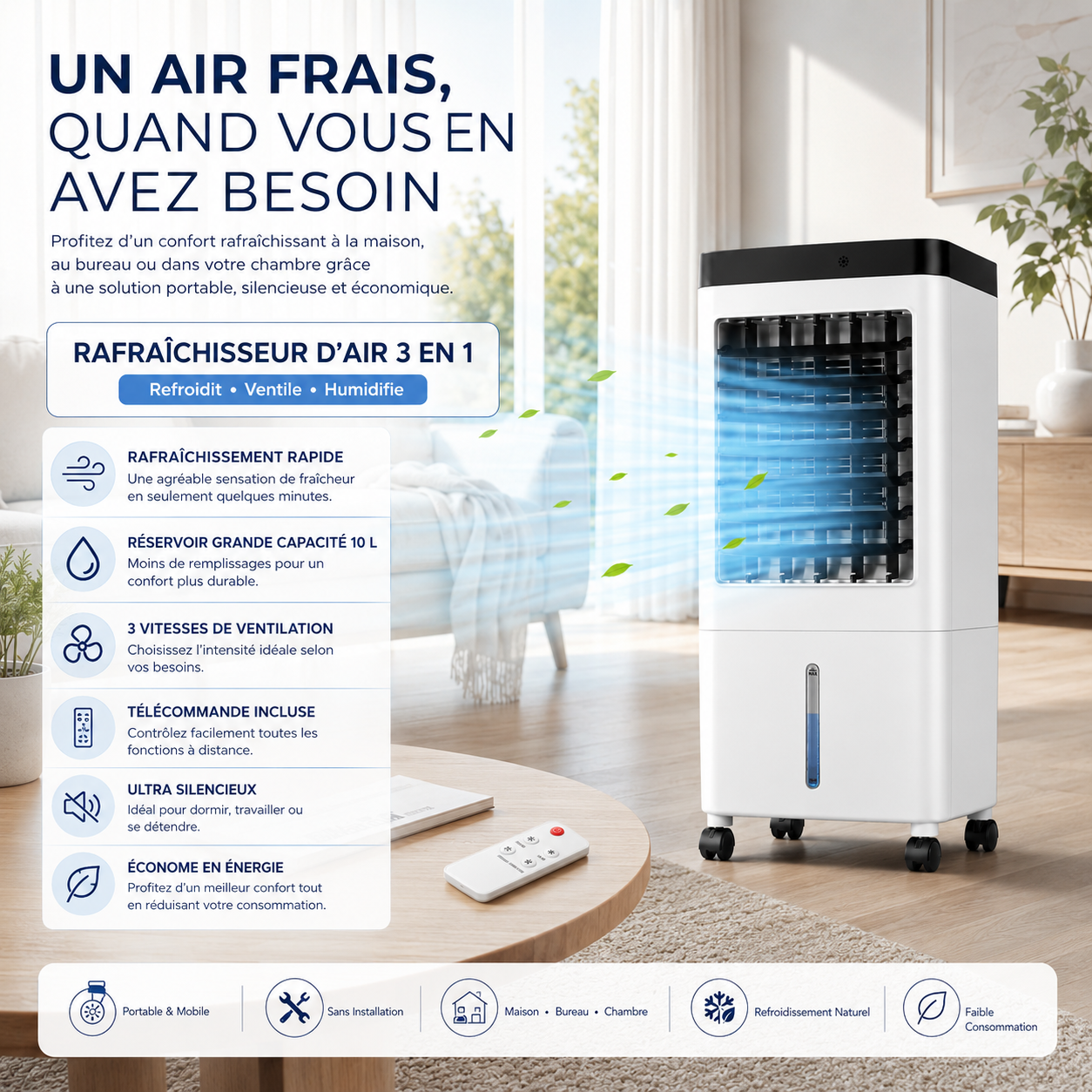 Tragbarer 10L Luftkühler mit Fernbedienung, keine Installation erforderlich