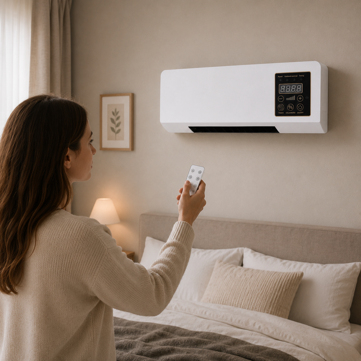 Aparato de calefacción y ventilación mural con control remoto y pantalla LED