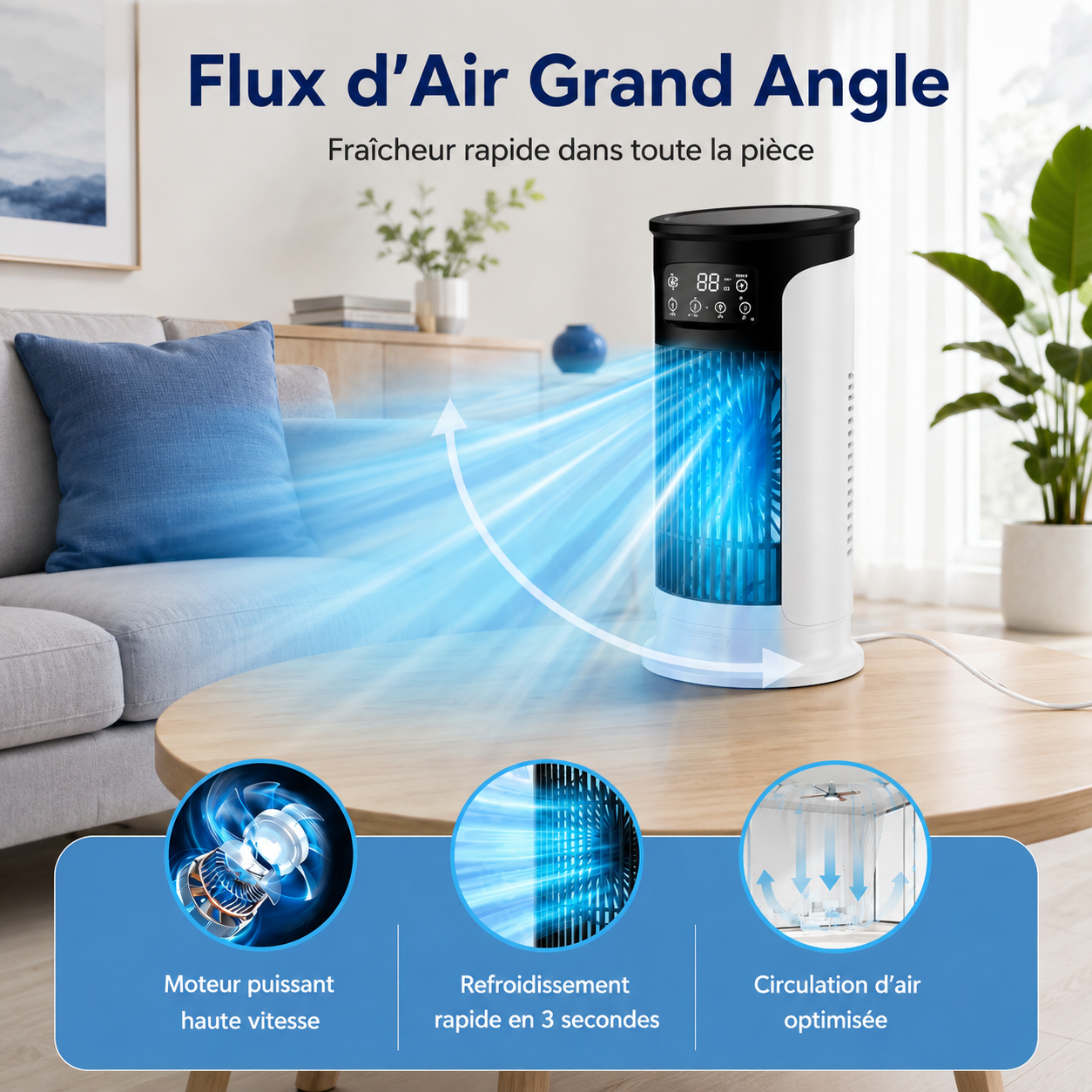 Enfriador de aire portátil 3 en 1 con nebulización, LED y 6 velocidades
