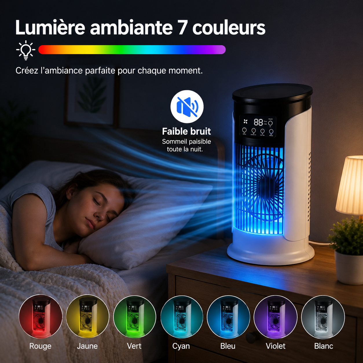 Enfriador de aire portátil 3 en 1 con nebulización, LED y 6 velocidades