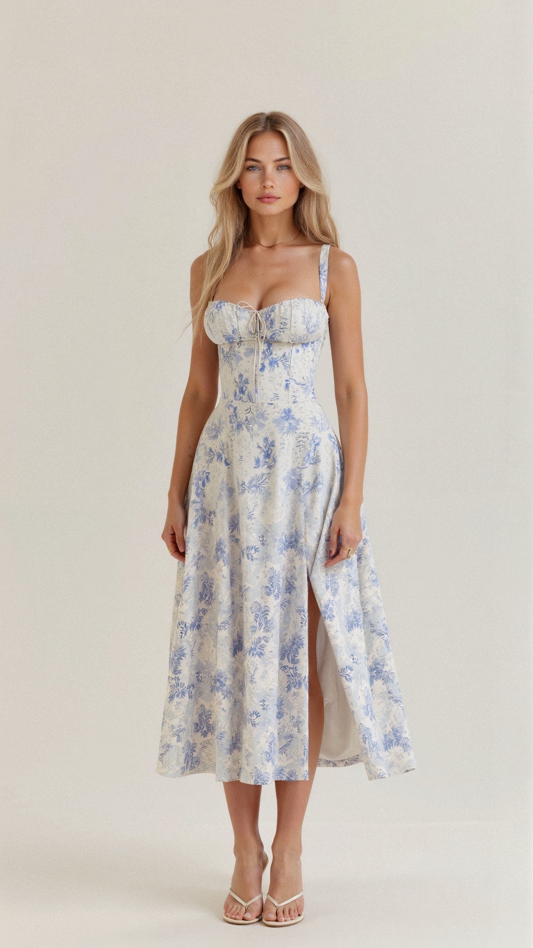 Midi-kjole med korsetteffekt og blomsterprint