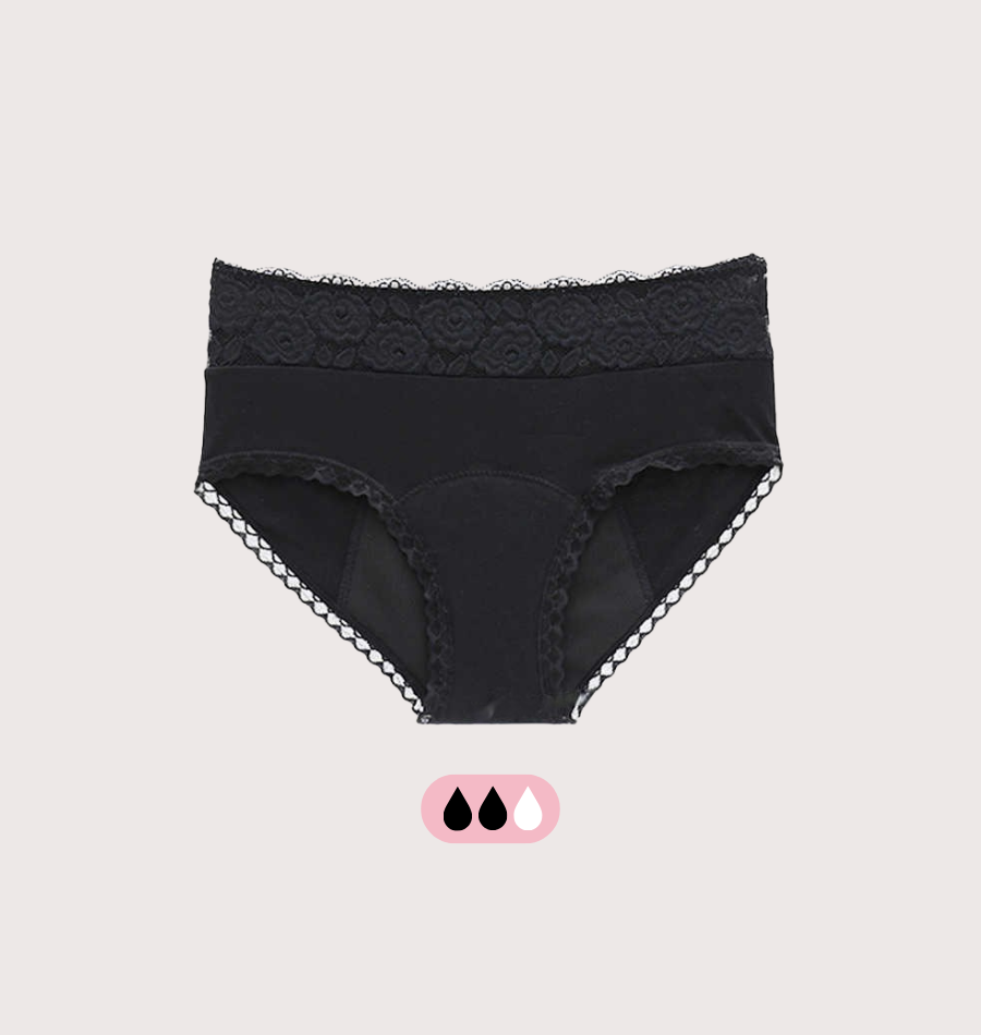 Hipsterské menstruační kalhotky s květinovou krajkou na období