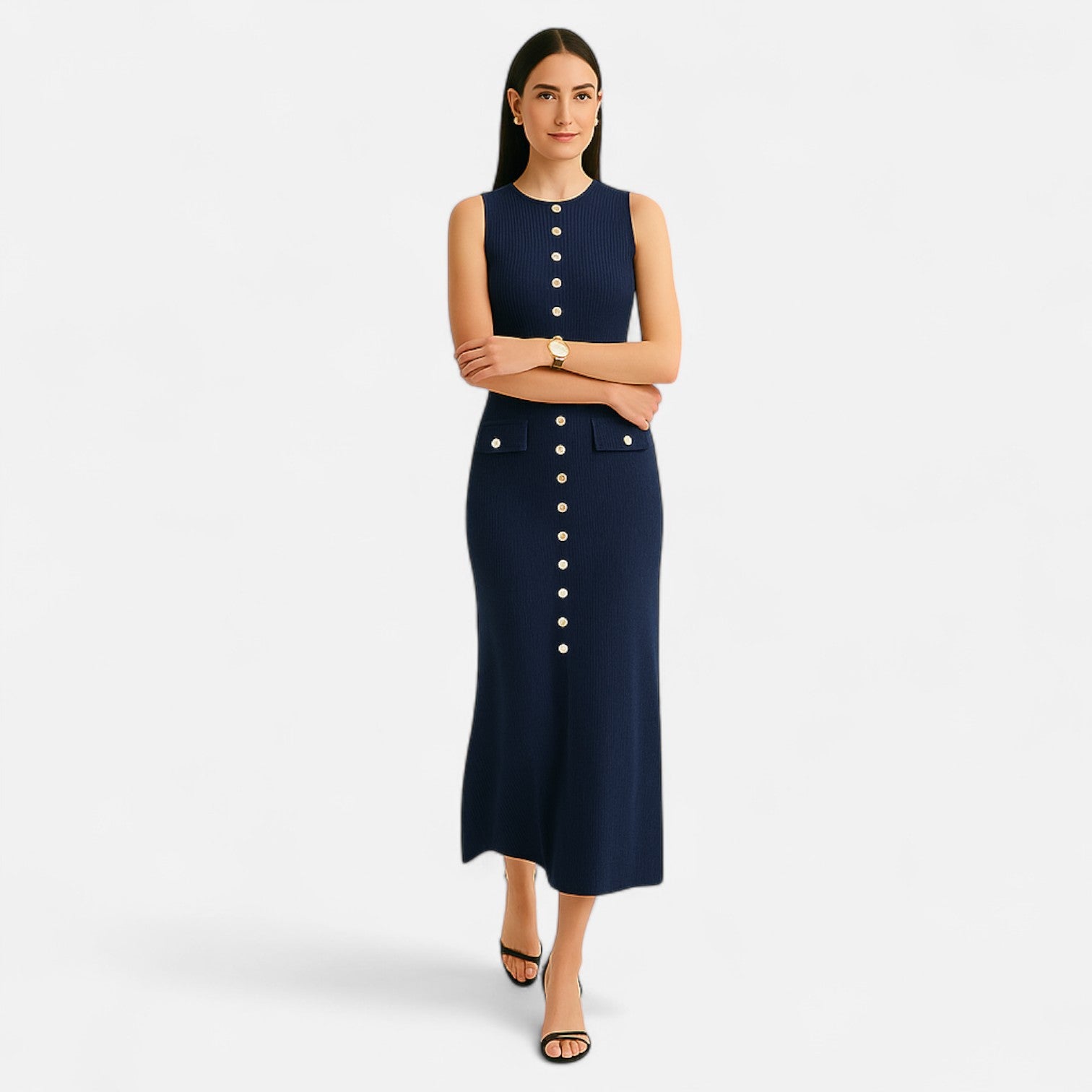 Ancienne Monde | Robe Longue en Maille à Boutons pour Femme – Élégance d’Été Sans Manches