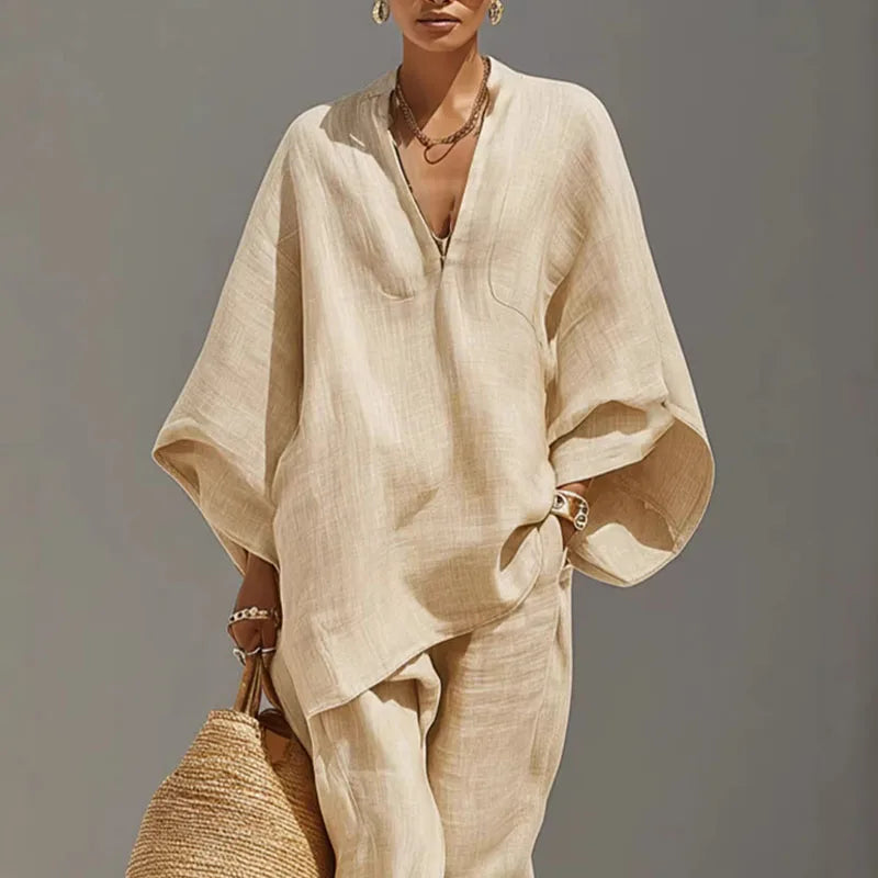 Conjunto de duas peças para mulher - pulôver de corte largo - estilo boémio de verão