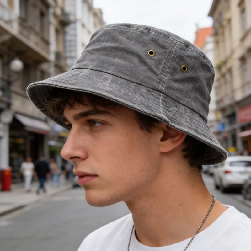 Bucket hat solhat i vasket bomuld til mænd og kvinder til udendørs brug