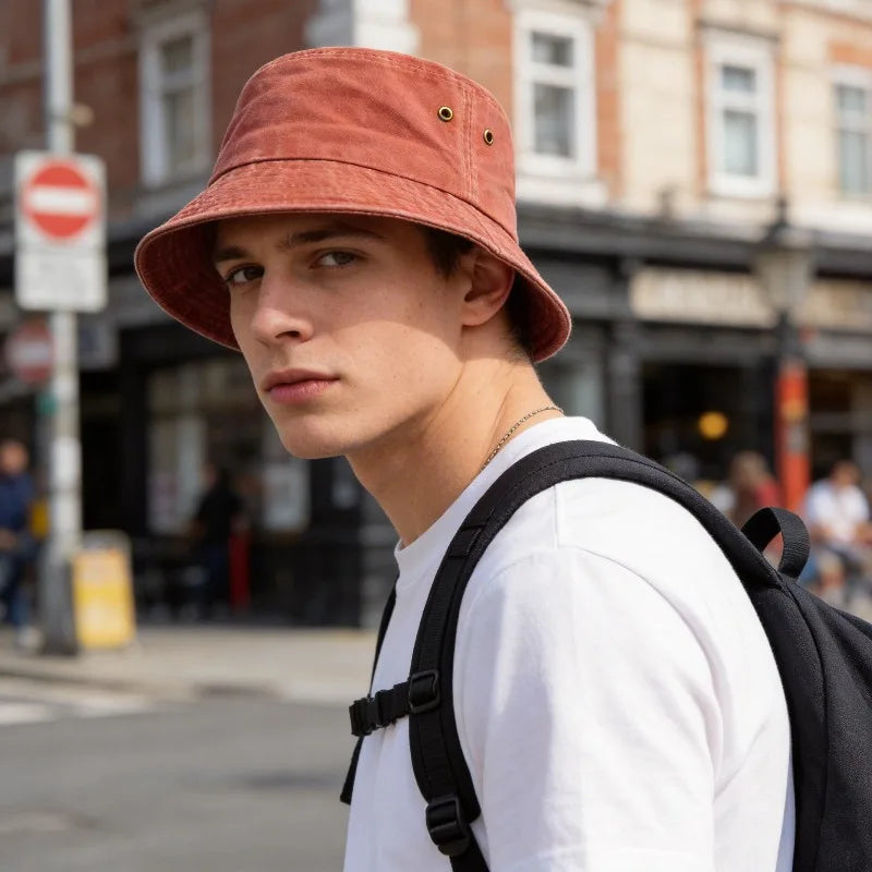 Bucket hat solhat i vasket bomuld til mænd og kvinder til udendørs brug