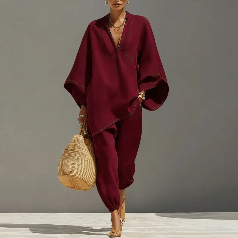 Conjunto de duas peças para mulher - pulôver de corte largo - estilo boémio de verão