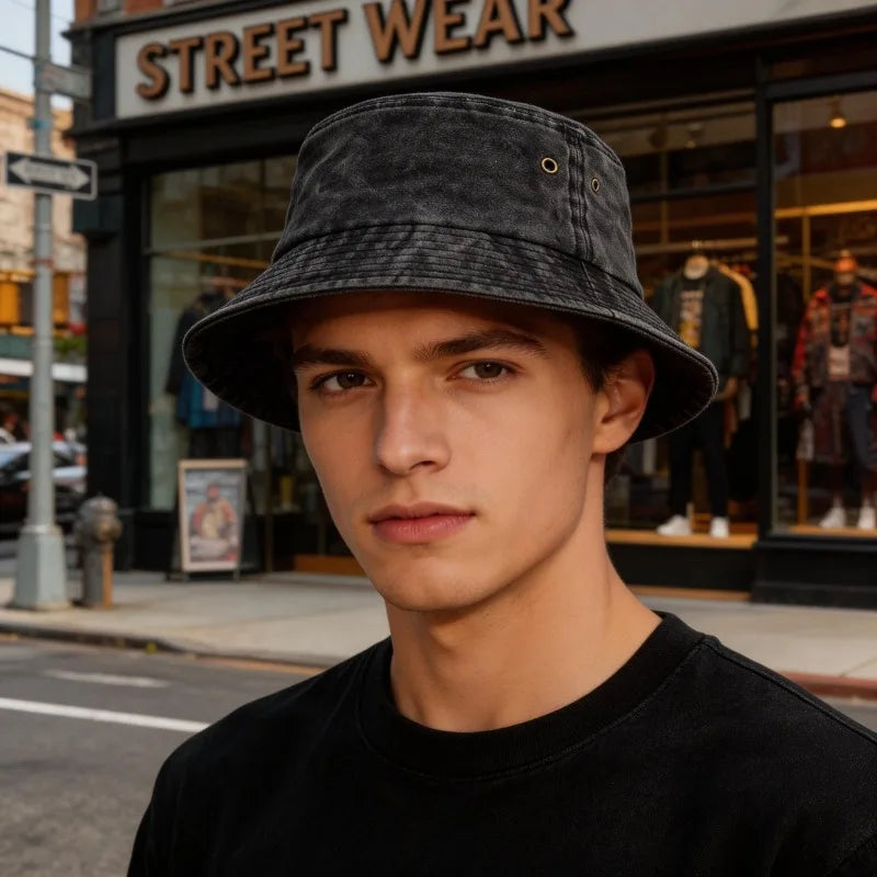 Bucket hat solhat i vasket bomuld til mænd og kvinder til udendørs brug